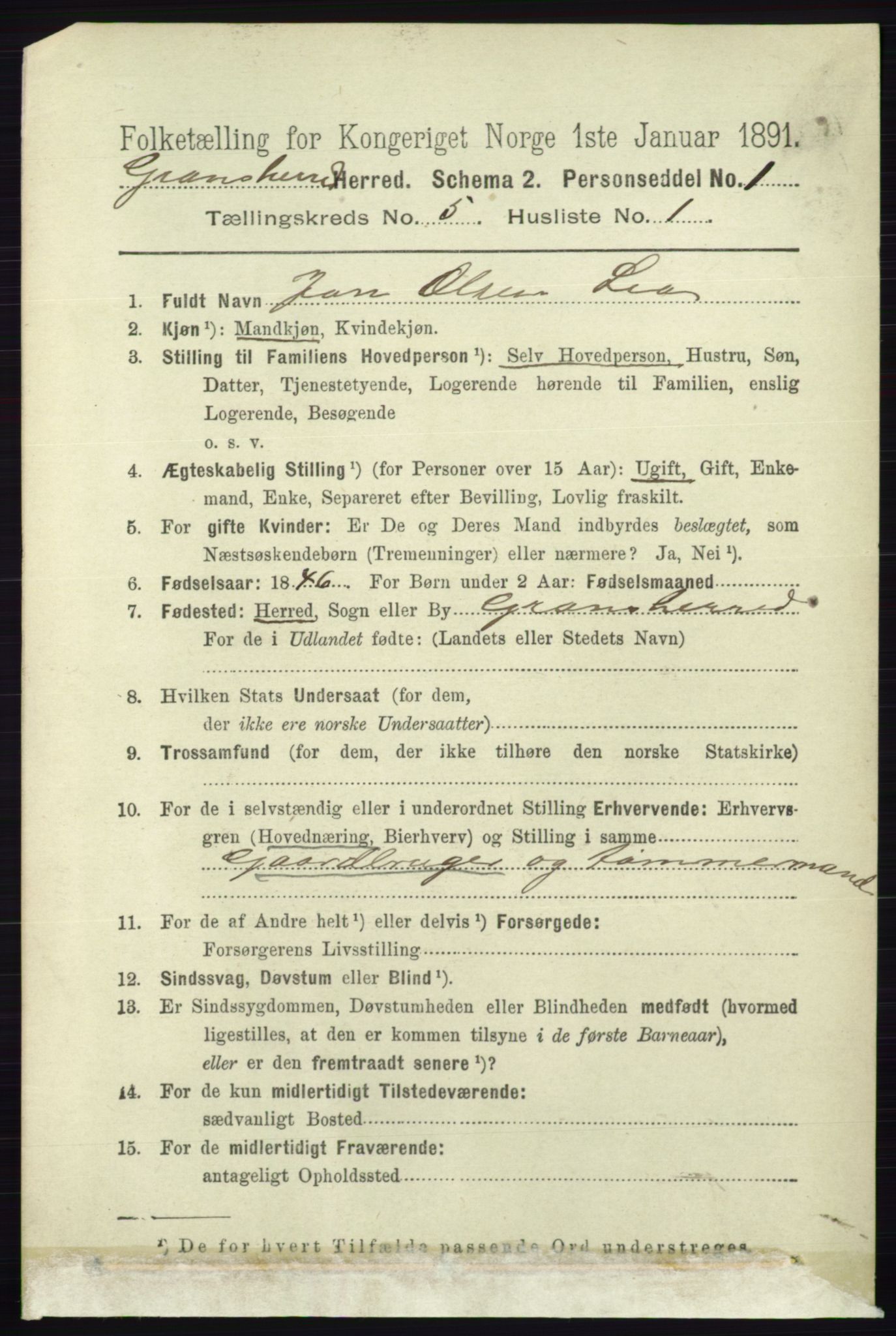RA, 1891 census for 0824 Gransherad, 1891, p. 851