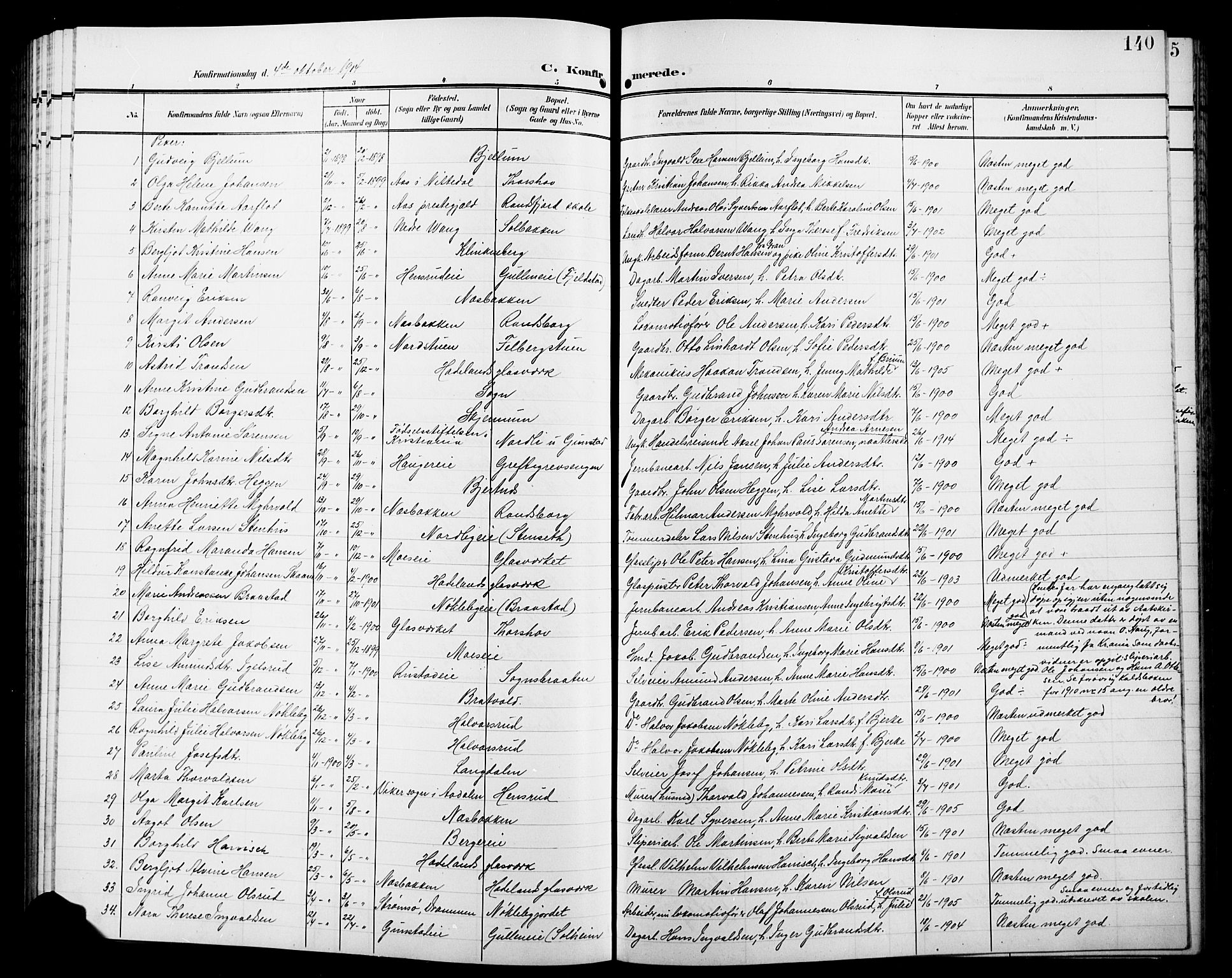 Jevnaker prestekontor, SAH/PREST-116/H/Ha/Hab/L0004: Parish register (copy) no. 4, 1907-1918, p. 140