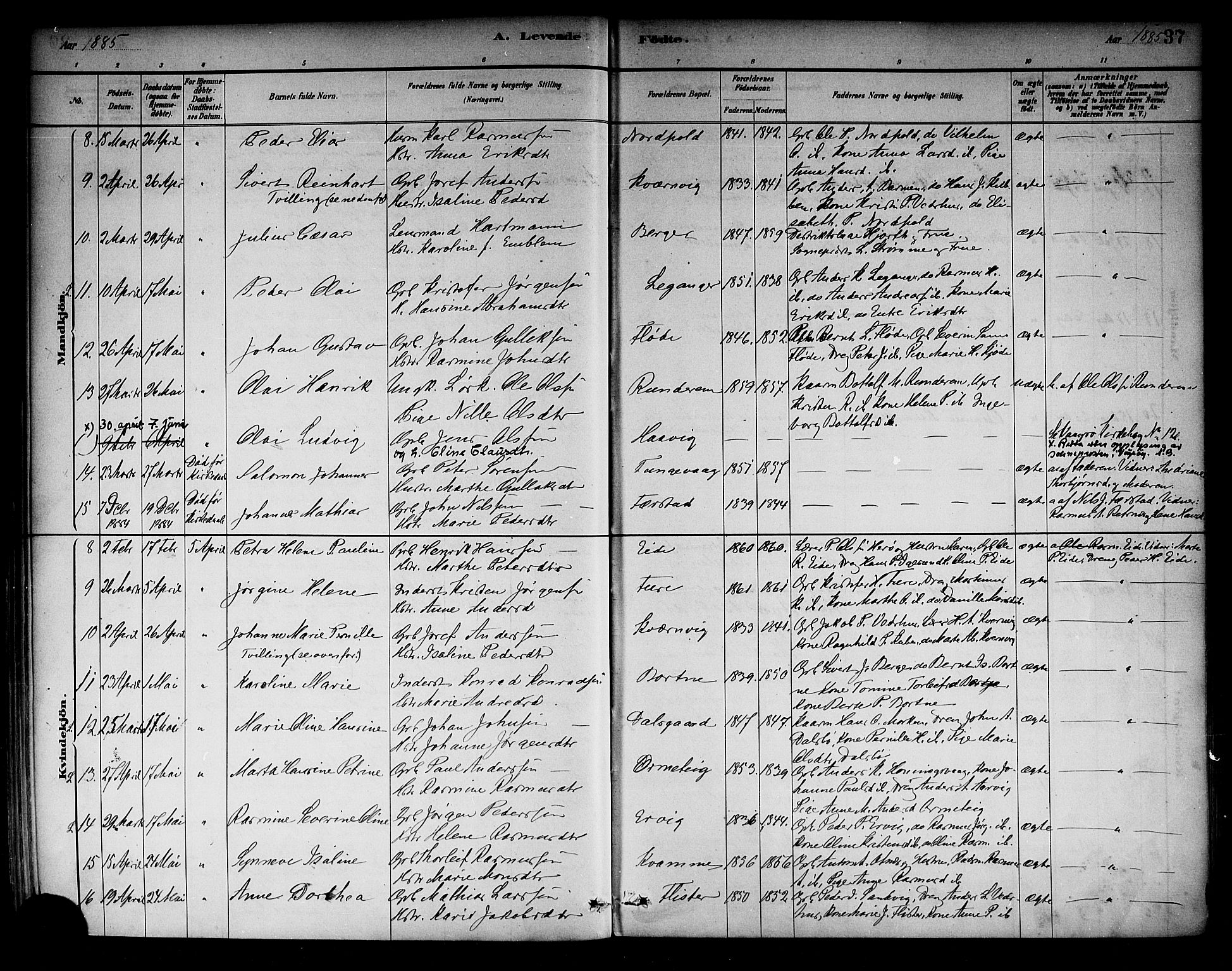 Selje sokneprestembete, SAB/A-99938/H/Ha/Haa/Haab: Parish register (official) no. B 1, 1881-1890, p. 37