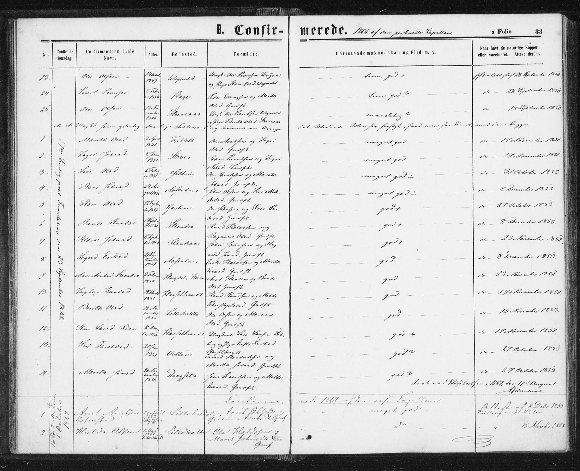 Ministerialprotokoller, klokkerbøker og fødselsregistre - Sør-Trøndelag, AV/SAT-A-1456/689/L1039: Parish register (official) no. 689A04, 1865-1878, p. 33