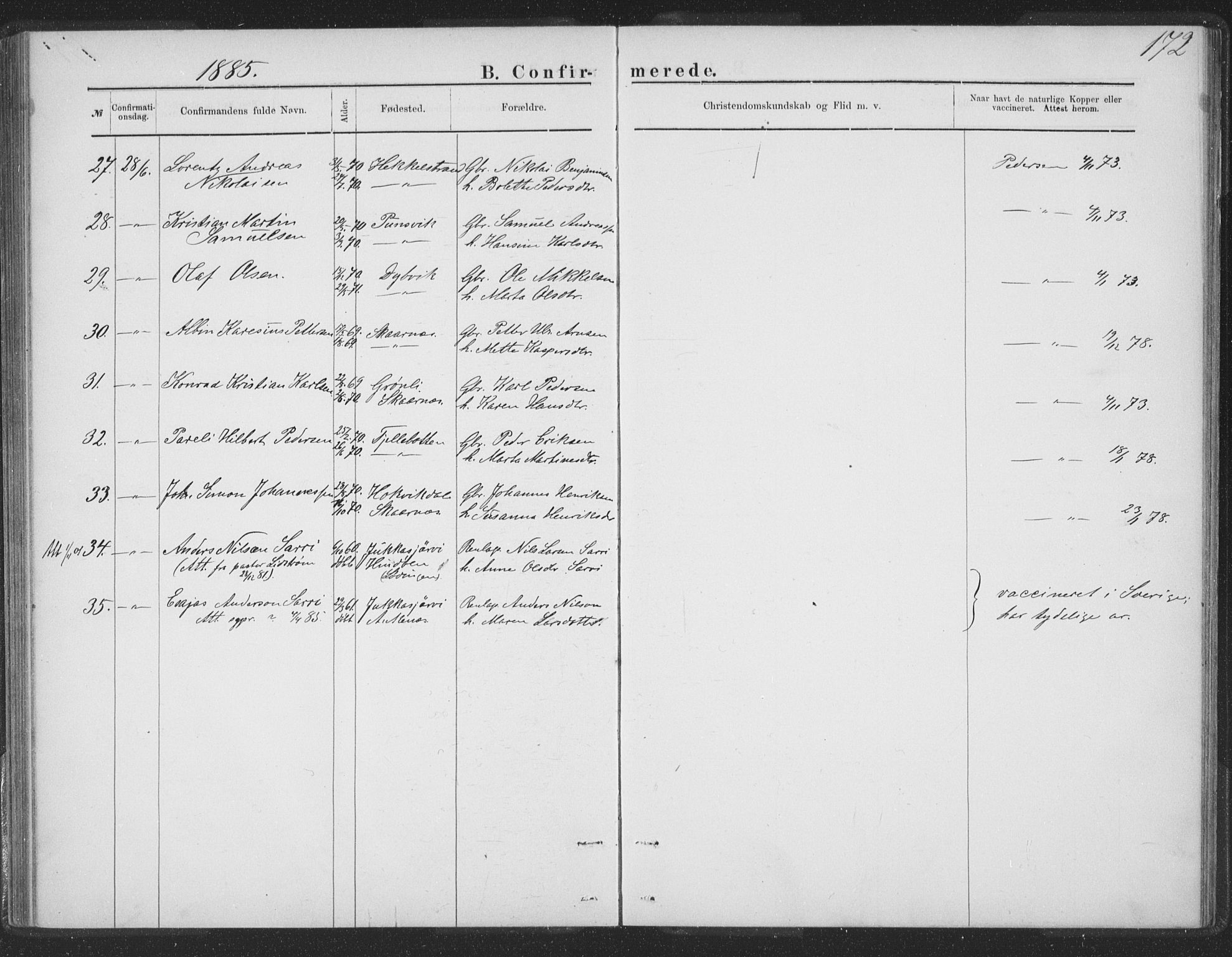 Ministerialprotokoller, klokkerbøker og fødselsregistre - Nordland, AV/SAT-A-1459/863/L0913: Parish register (copy) no. 863C03, 1877-1885, p. 172