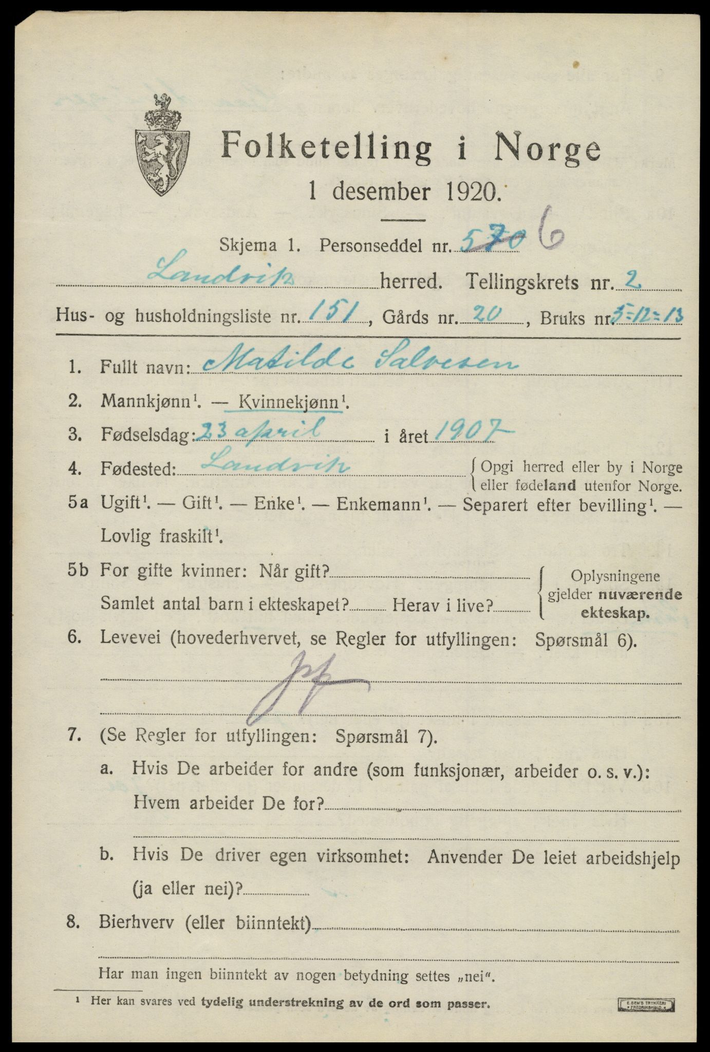 SAK, 1920 census for Landvik, 1920, p. 2892