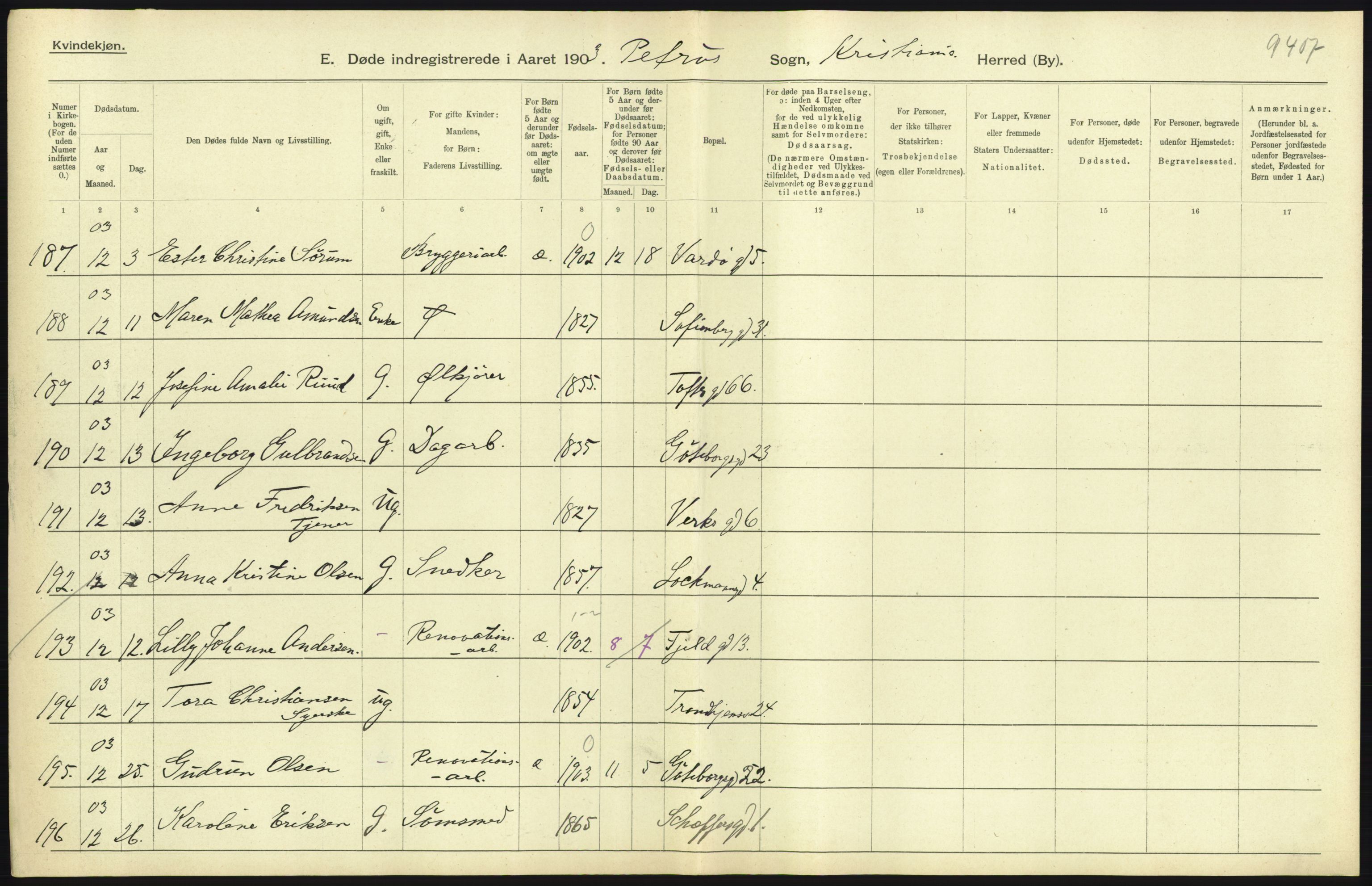 Statistisk sentralbyrå, Sosiodemografiske emner, Befolkning, AV/RA-S-2228/D/Df/Dfa/Dfaa/L0004: Kristiania: Gifte, døde, 1903, p. 367