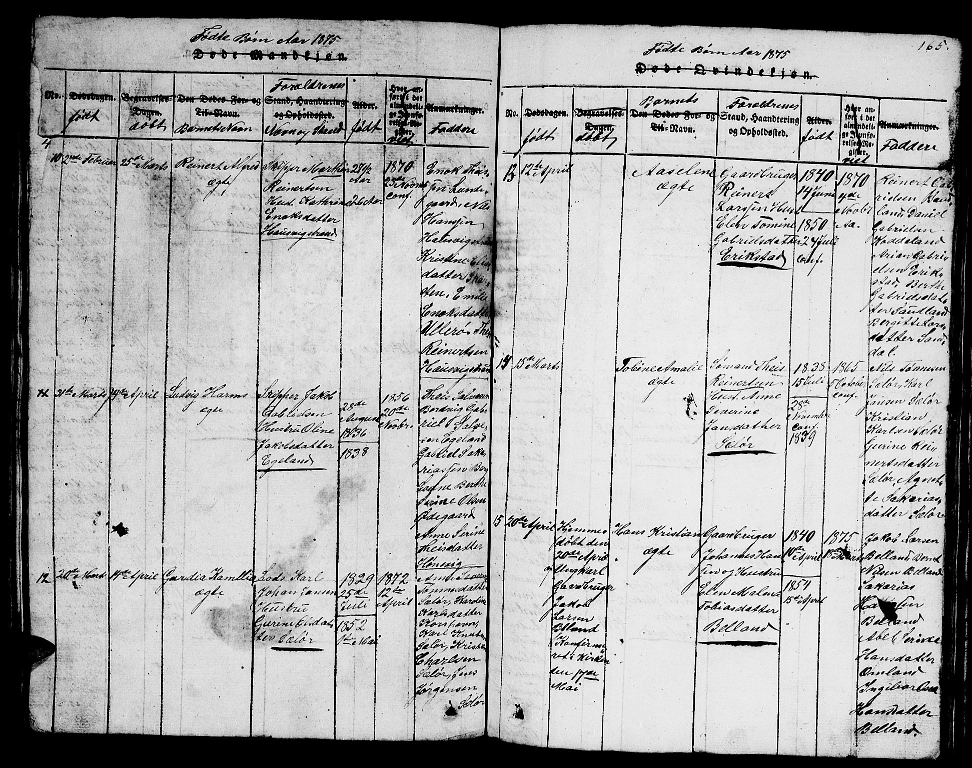 Lyngdal sokneprestkontor, AV/SAK-1111-0029/F/Fb/Fba/L0001: Parish register (copy) no. B 1, 1816-1876, p. 165