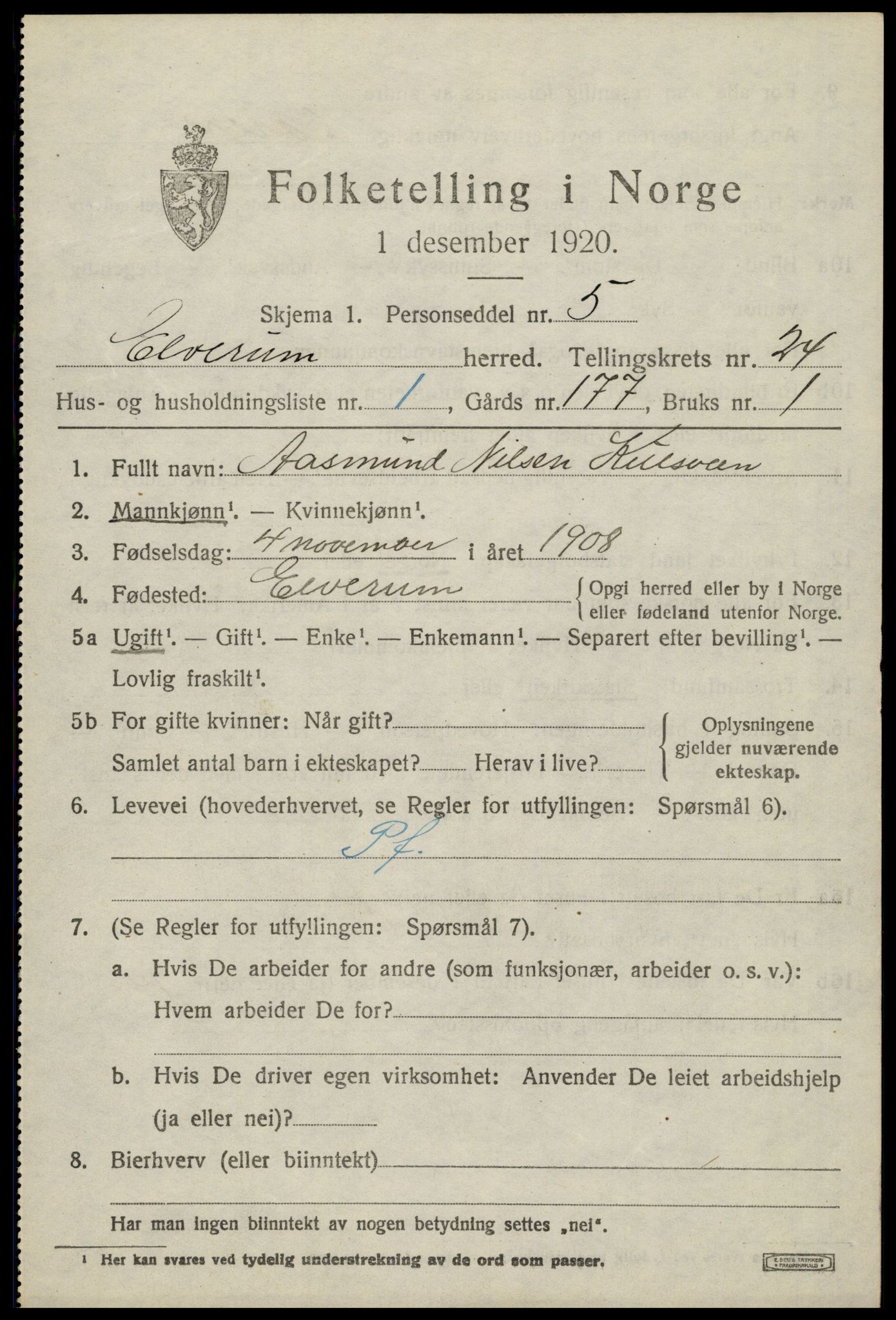 SAH, 1920 census for Elverum, 1920, p. 25518