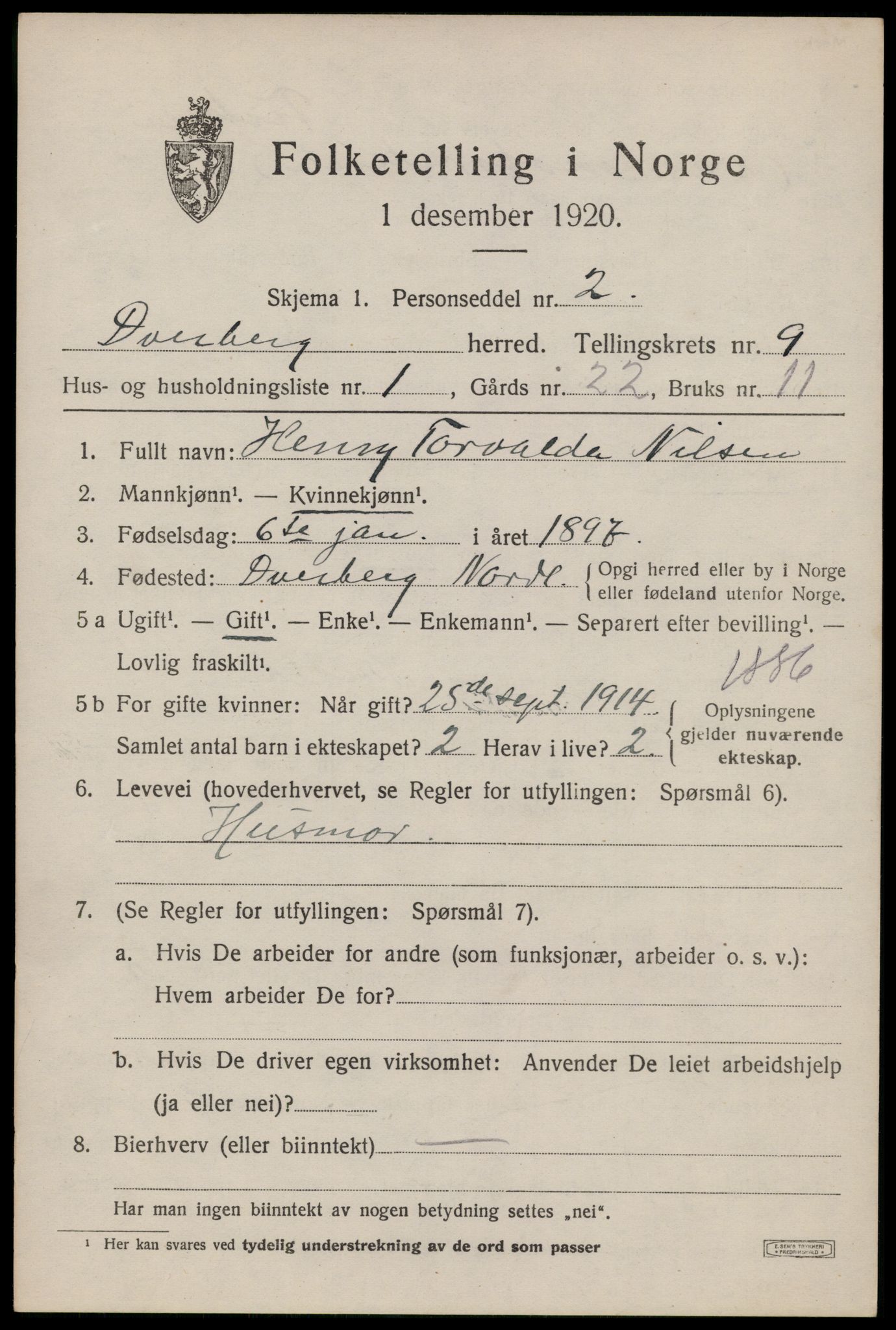 SAT, 1920 census for Dverberg, 1920, p. 7884