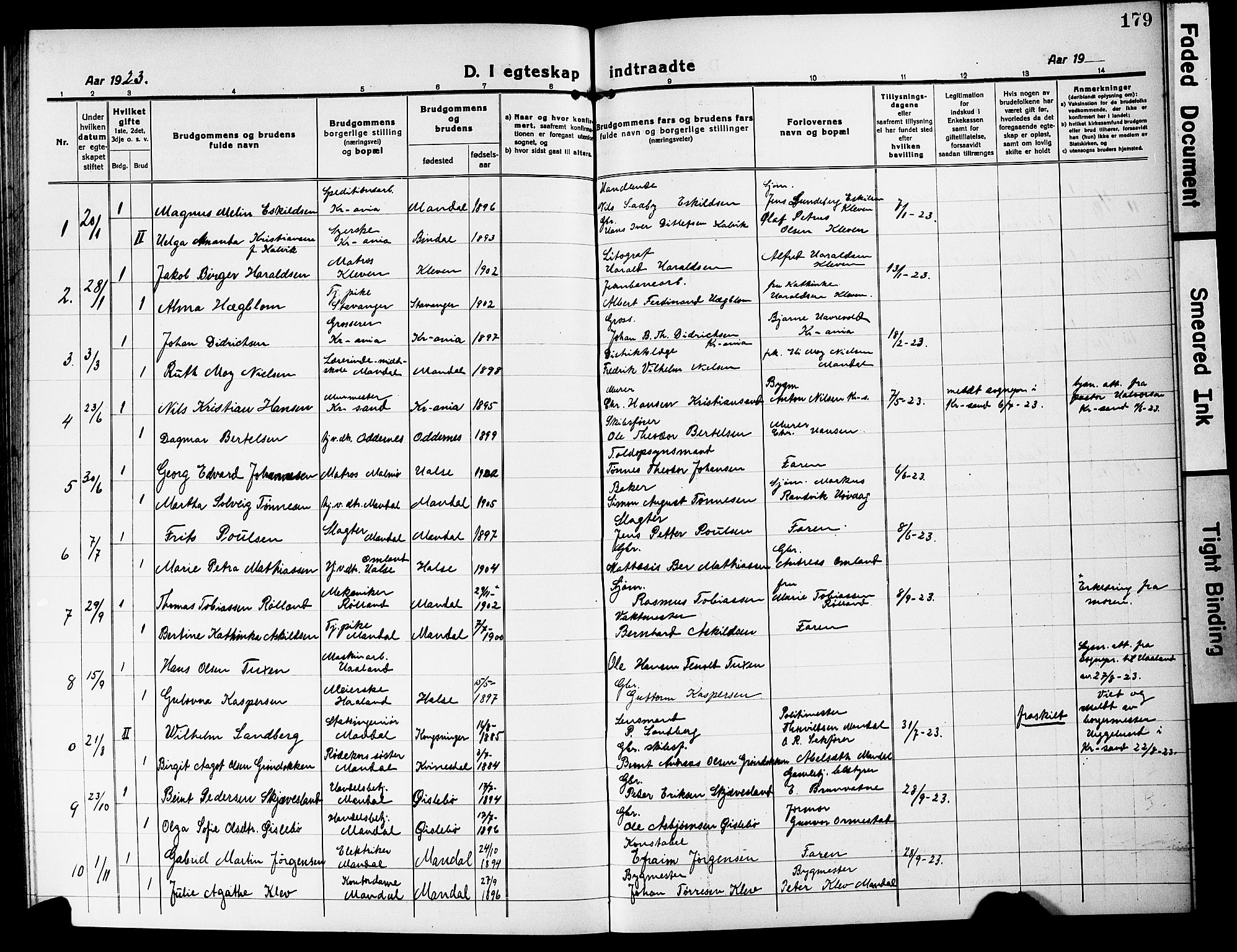 Mandal sokneprestkontor, AV/SAK-1111-0030/F/Fb/Fbc/L0001: Parish register (copy) no. B 1, 1918-1931, p. 179