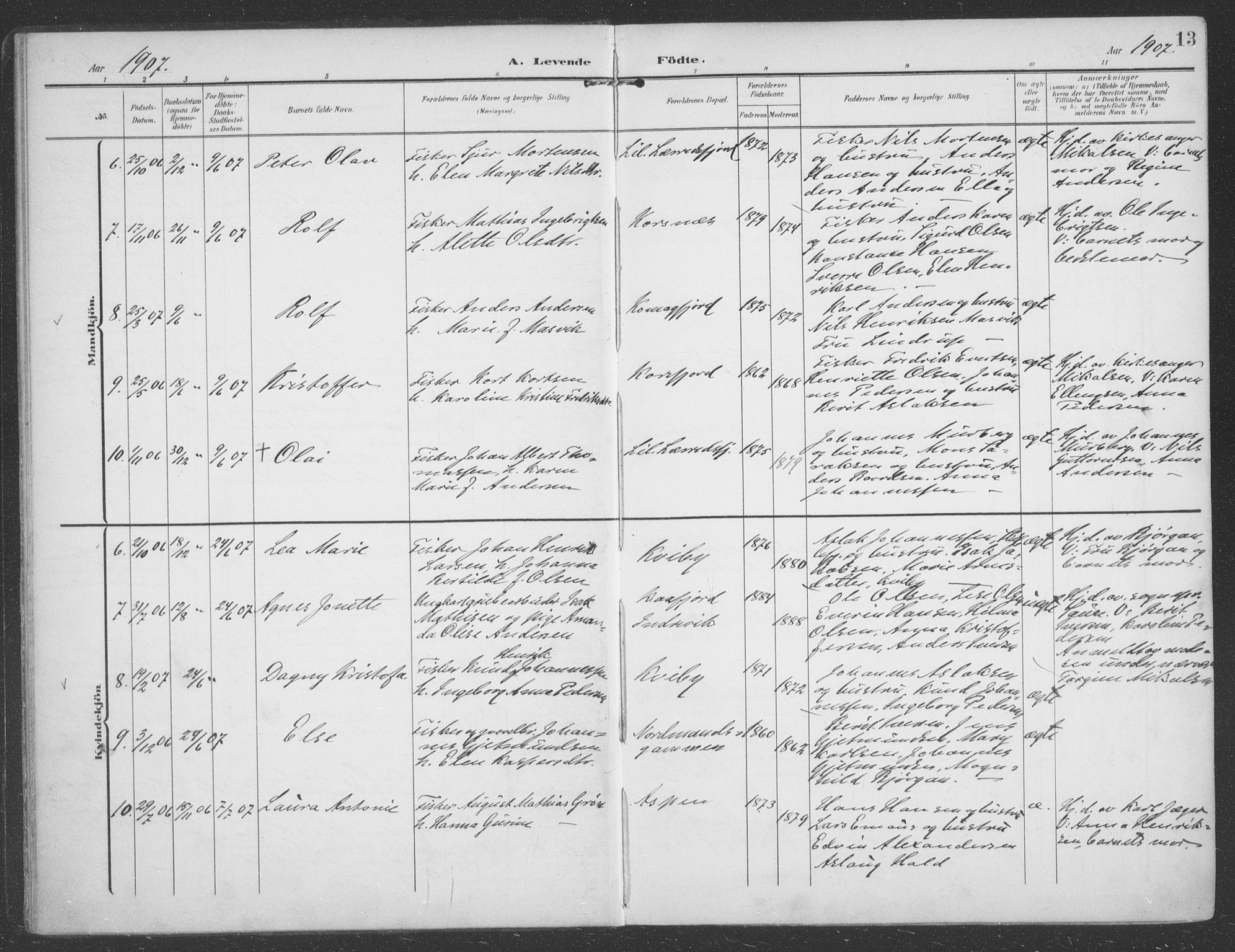 Talvik sokneprestkontor, SATØ/S-1337/H/Ha/L0017kirke: Parish register (official) no. 17, 1906-1915, p. 13