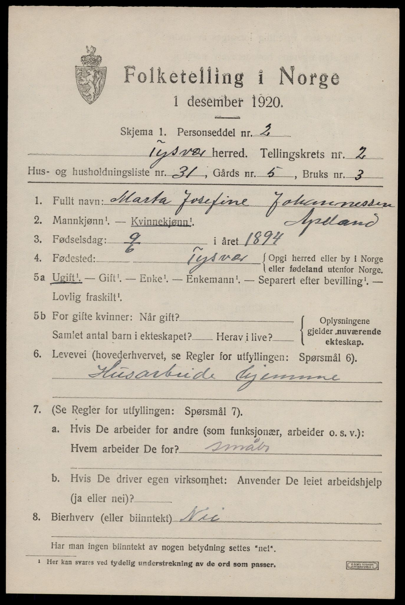 SAST, 1920 census for Tysvær, 1920, p. 1336