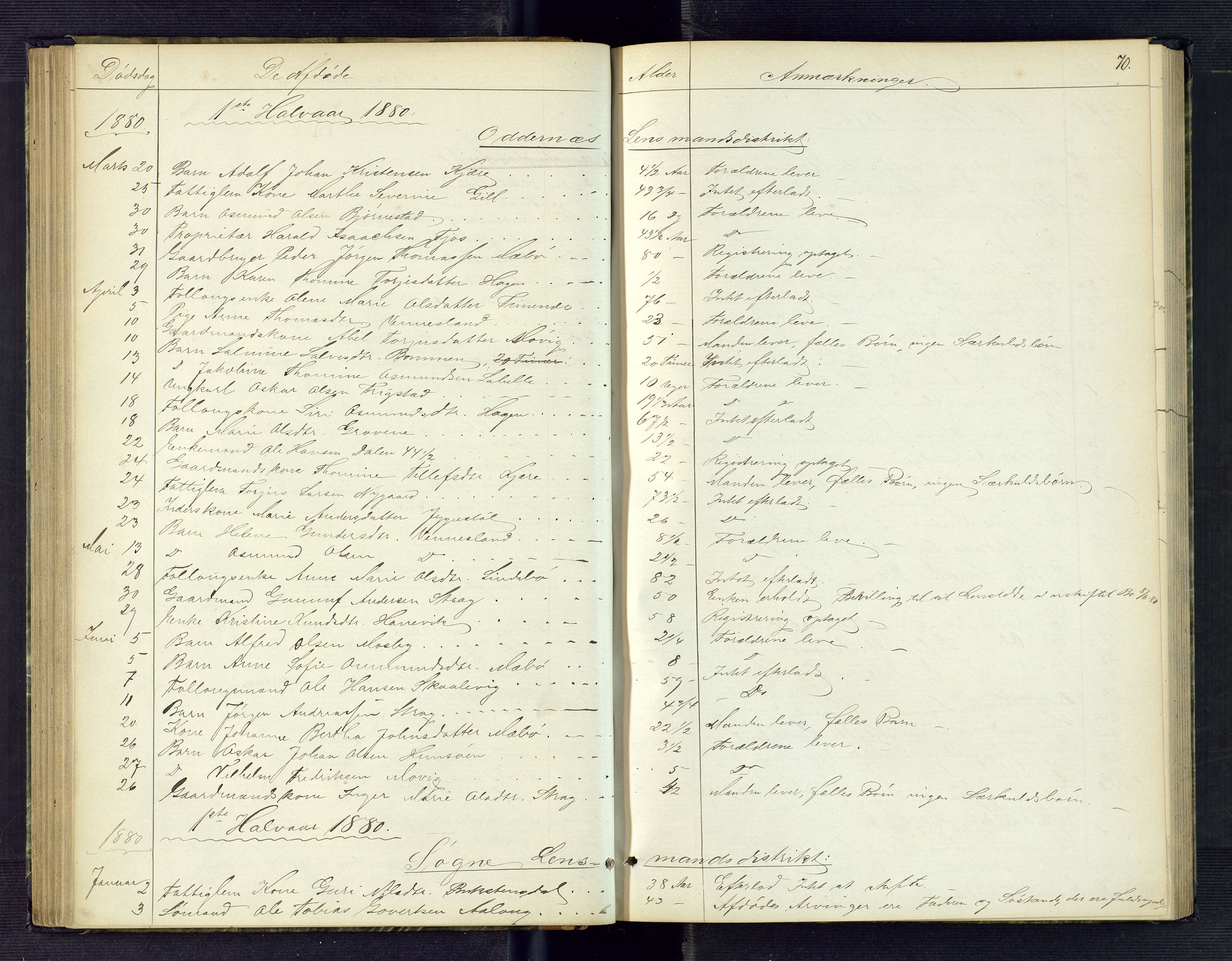 Torridal sorenskriveri, AV/SAK-1221-0012/H/Ha/L0001: Anmeldte dødsfall nr. 1, 1865-1880, p. 70