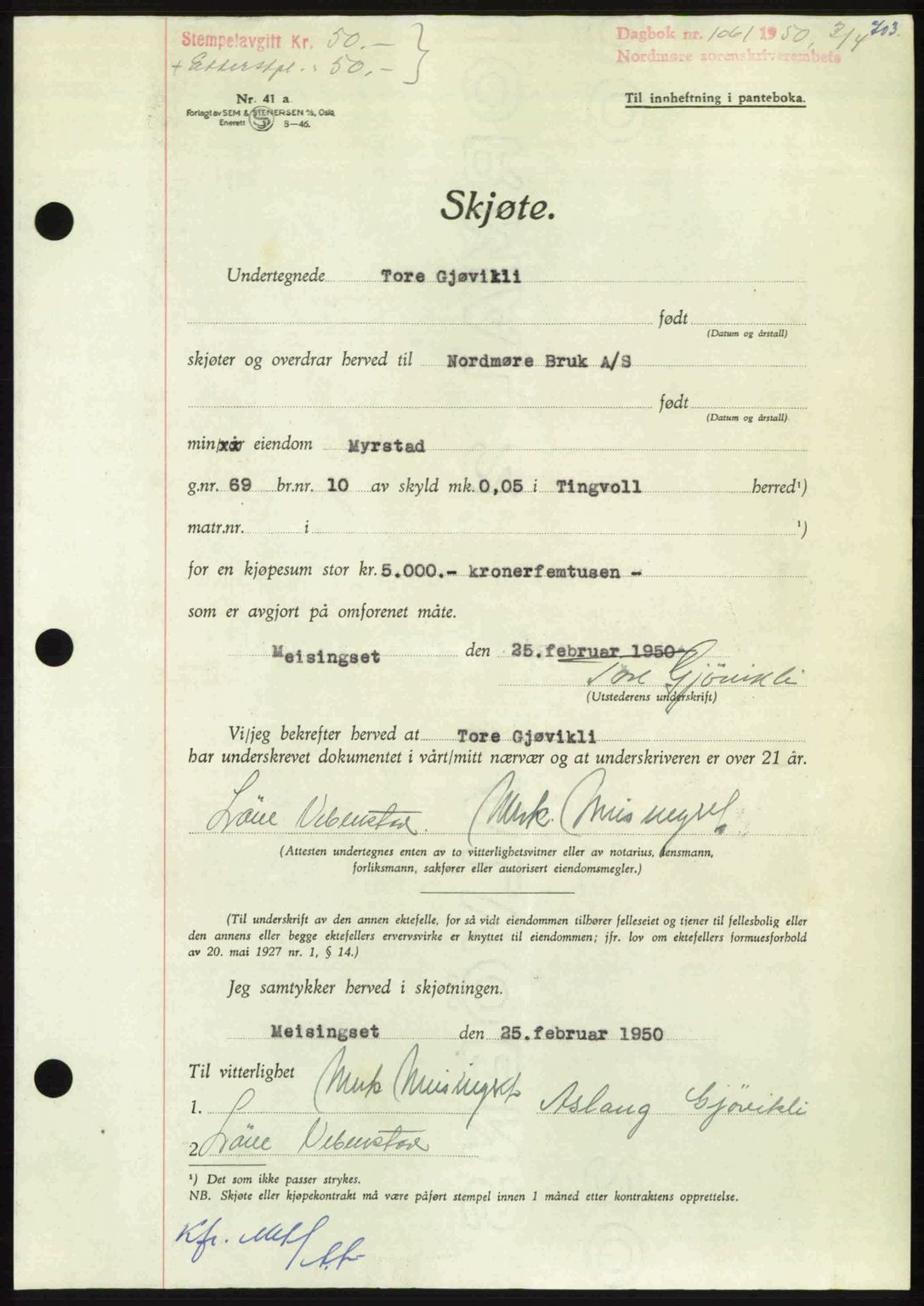 Nordmøre sorenskriveri, AV/SAT-A-4132/1/2/2Ca: Mortgage book no. A114, 1950-1950, Diary no: : 1061/1950