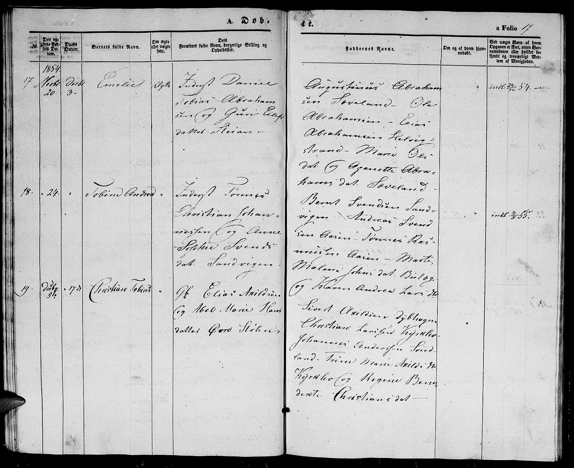 Herad sokneprestkontor, AV/SAK-1111-0018/F/Fb/Fba/L0002: Parish register (copy) no. B 2, 1852-1862, p. 17