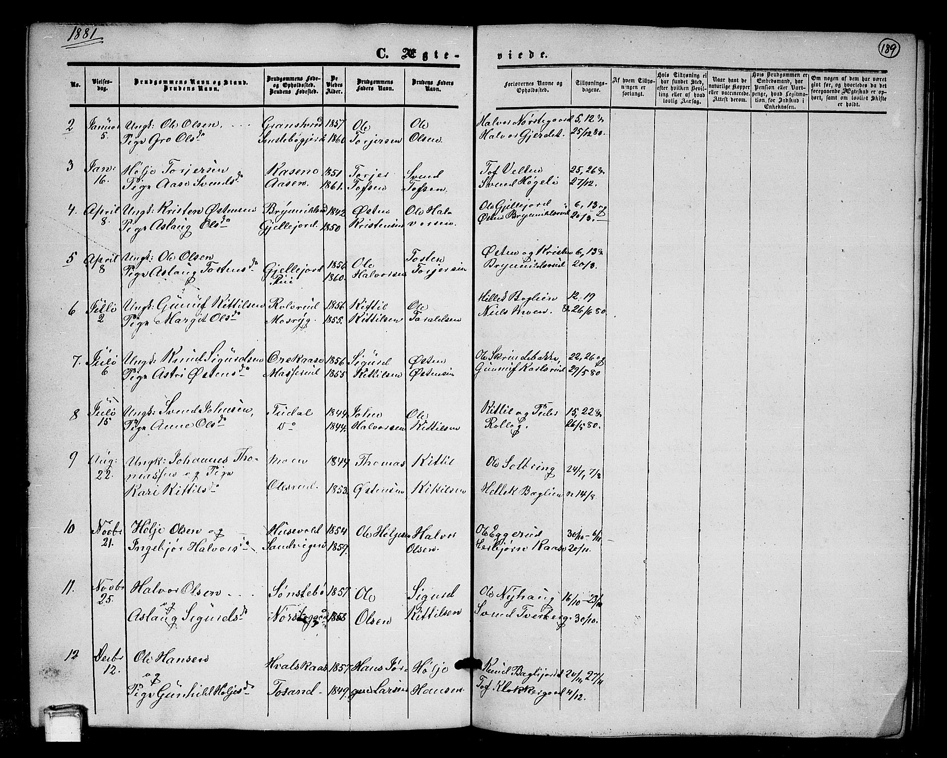 Tinn kirkebøker, SAKO/A-308/G/Ga/L0002: Parish register (copy) no. I 2, 1851-1883, p. 189