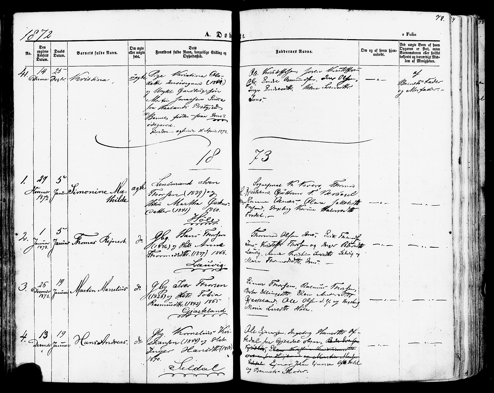 Høgsfjord sokneprestkontor, SAST/A-101624/H/Ha/Haa/L0002: Parish register (official) no. A 2, 1855-1885, p. 78