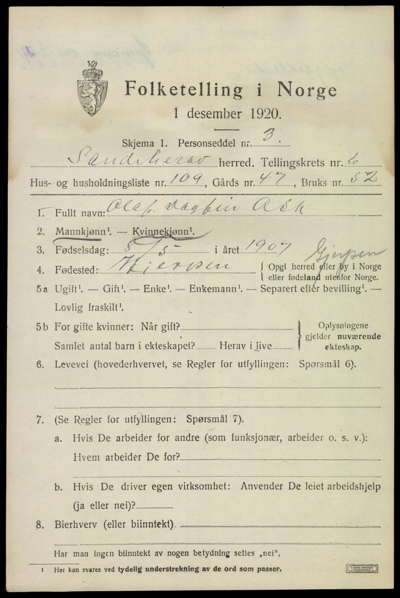 SAKO, 1920 census for Sandeherred, 1920, p. 11064