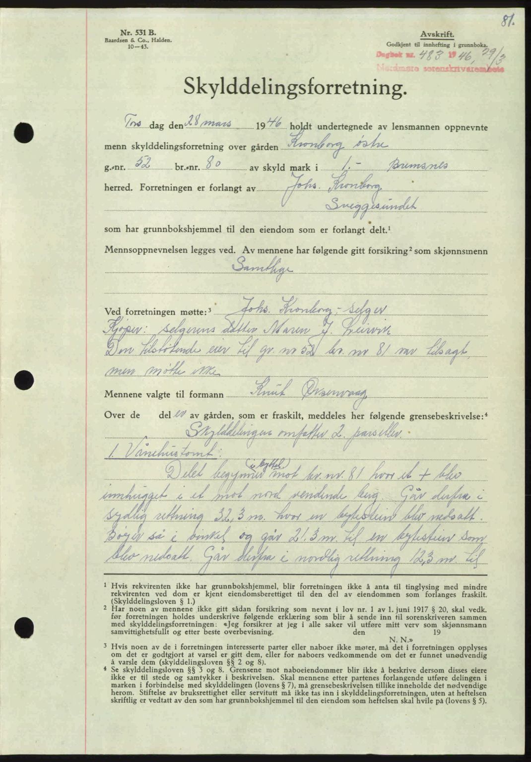 Nordmøre sorenskriveri, AV/SAT-A-4132/1/2/2Ca: Mortgage book no. A101, 1946-1946, Diary no: : 483/1946