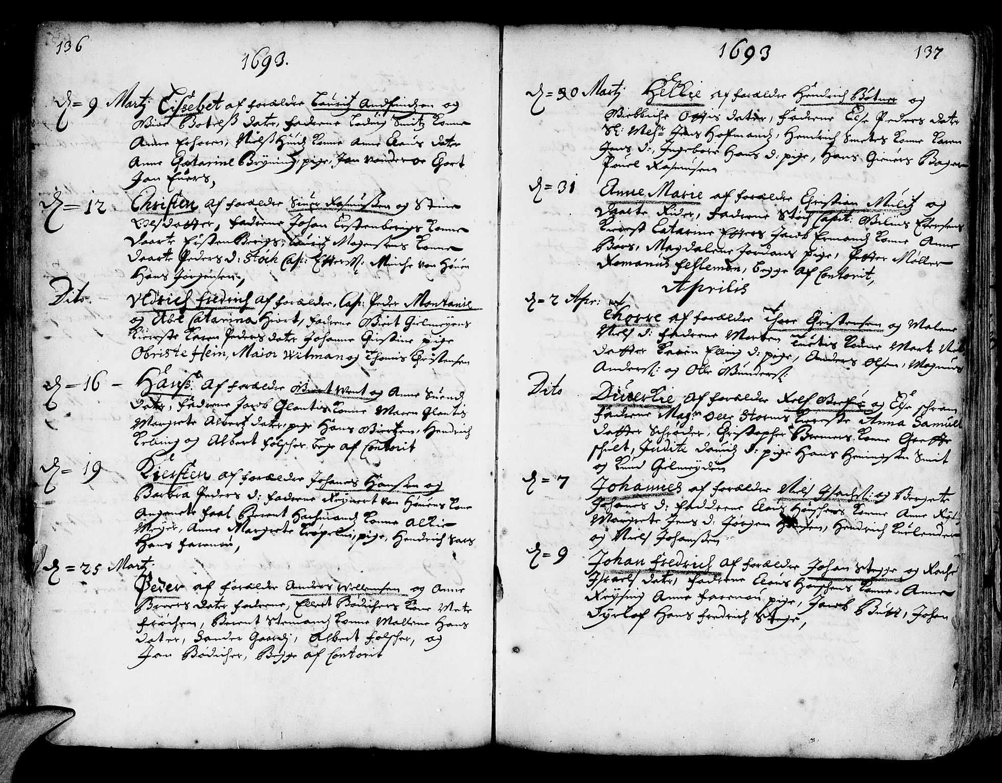 Korskirken sokneprestembete, AV/SAB-A-76101/H/Haa/L0002: Parish register (official) no. A 2, 1688-1697, p. 136-137