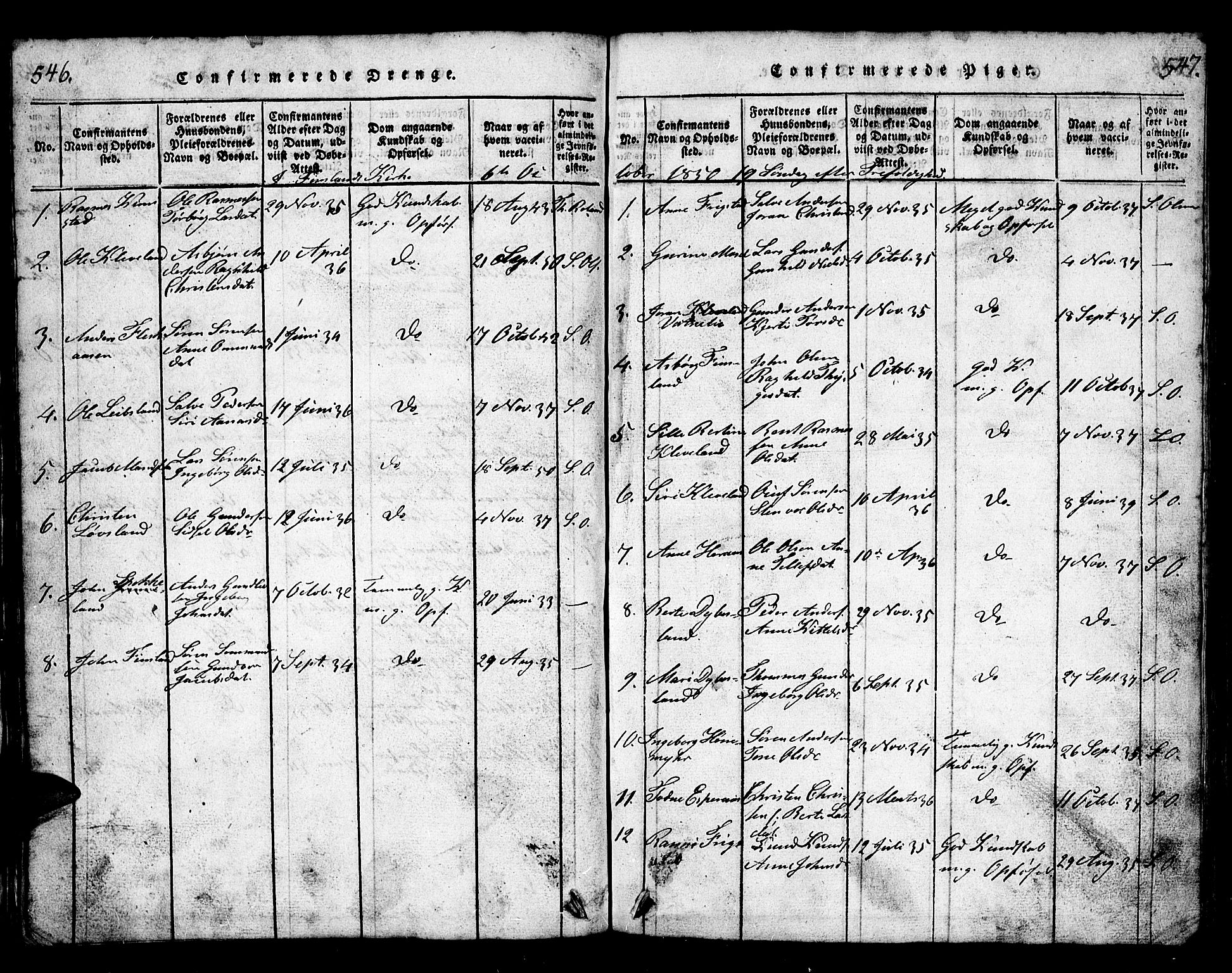 Bjelland sokneprestkontor, SAK/1111-0005/F/Fb/Fbb/L0003: Parish register (copy) no. B 3, 1816-1868, p. 546-547