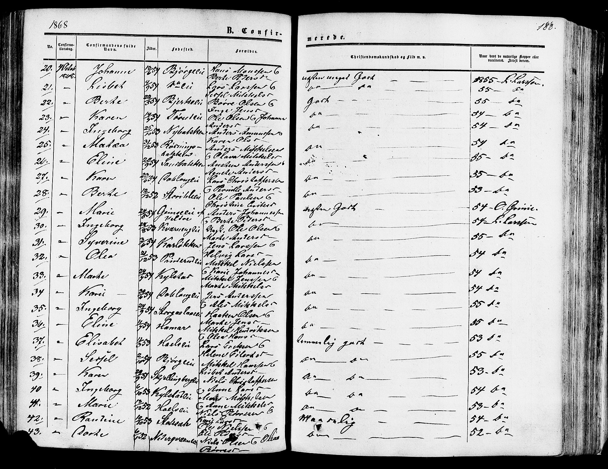 Vang prestekontor, Hedmark, SAH/PREST-008/H/Ha/Haa/L0013: Parish register (official) no. 13, 1855-1879, p. 188