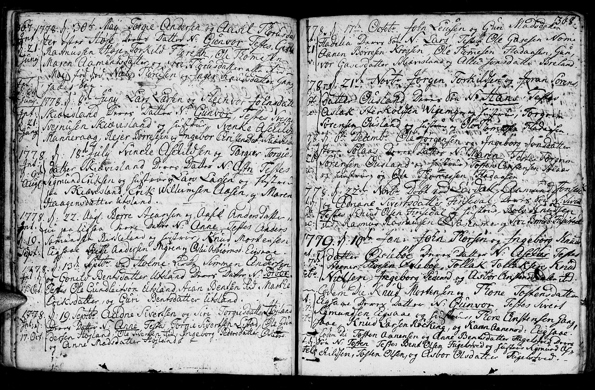 Holum sokneprestkontor, SAK/1111-0022/F/Fa/Fac/L0001: Parish register (official) no. A 1, 1773-1820, p. 367-368