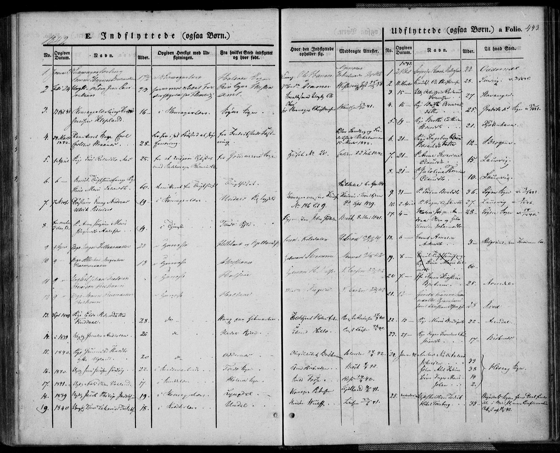 Kristiansand domprosti, SAK/1112-0006/F/Fa/L0013: Parish register (official) no. A 13, 1842-1851, p. 443