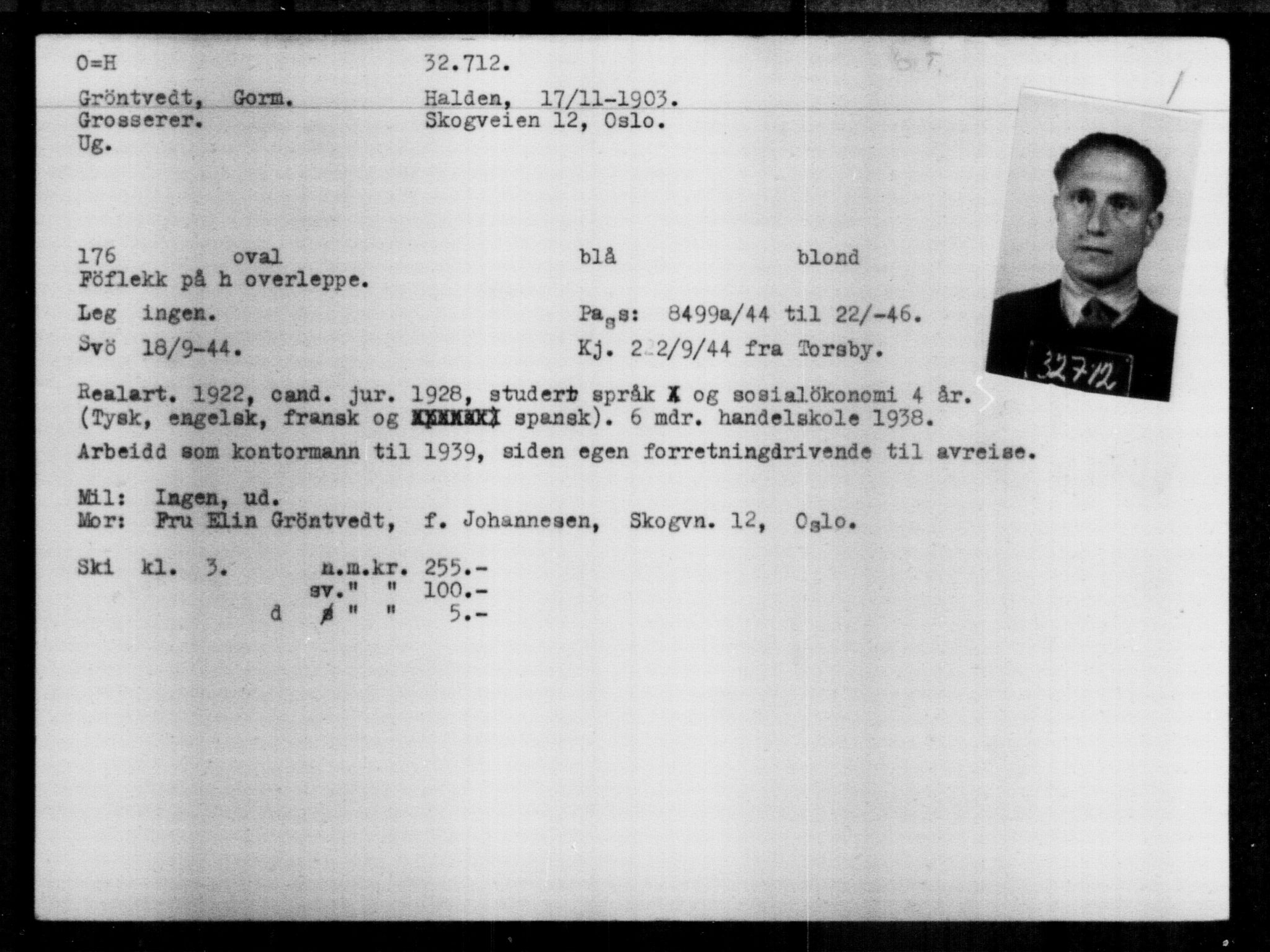 Utenriksstasjonene, Legasjonen i Stockholm, Flyktningkontoret, AV/RA-S-6753/V/Va/L0013: Kjesäterkartoteket, flyktninger med registreringsnr. 31500-34731, 1940-1945, p. 1274