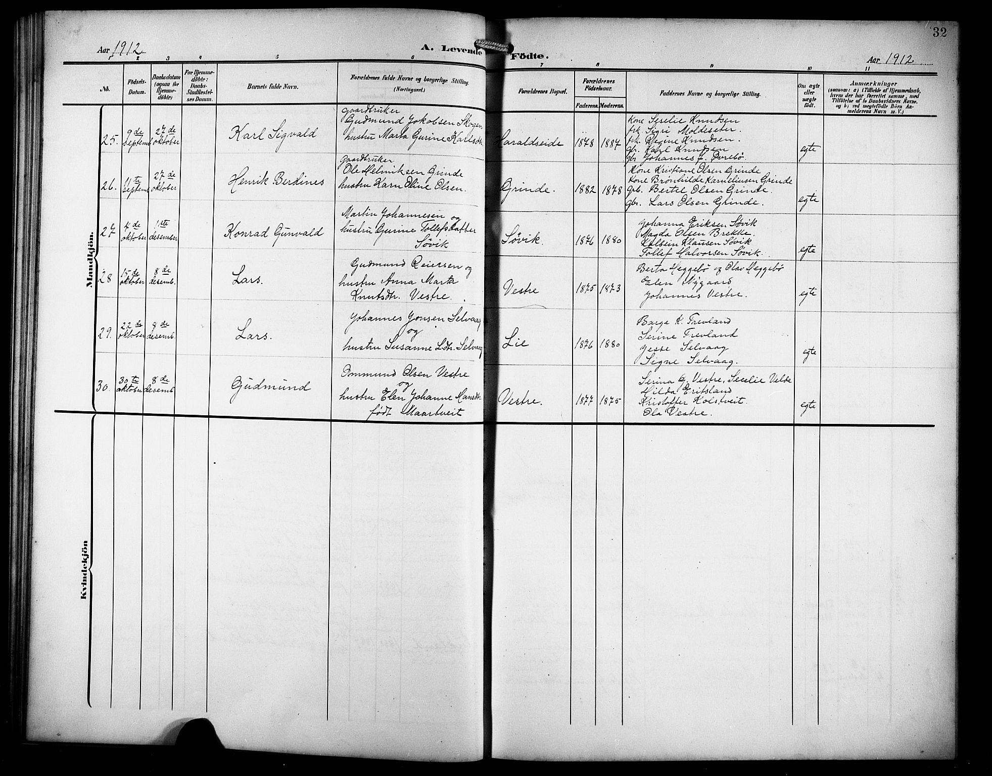 Skjold sokneprestkontor, SAST/A-101847/H/Ha/Hab/L0008: Parish register (copy) no. B 8, 1906-1920, p. 32