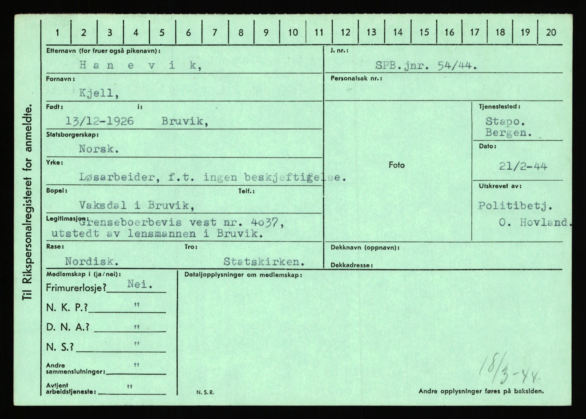 Statspolitiet - Hovedkontoret / Osloavdelingen, AV/RA-S-1329/C/Ca/L0006: Hanche - Hokstvedt, 1943-1945, p. 42