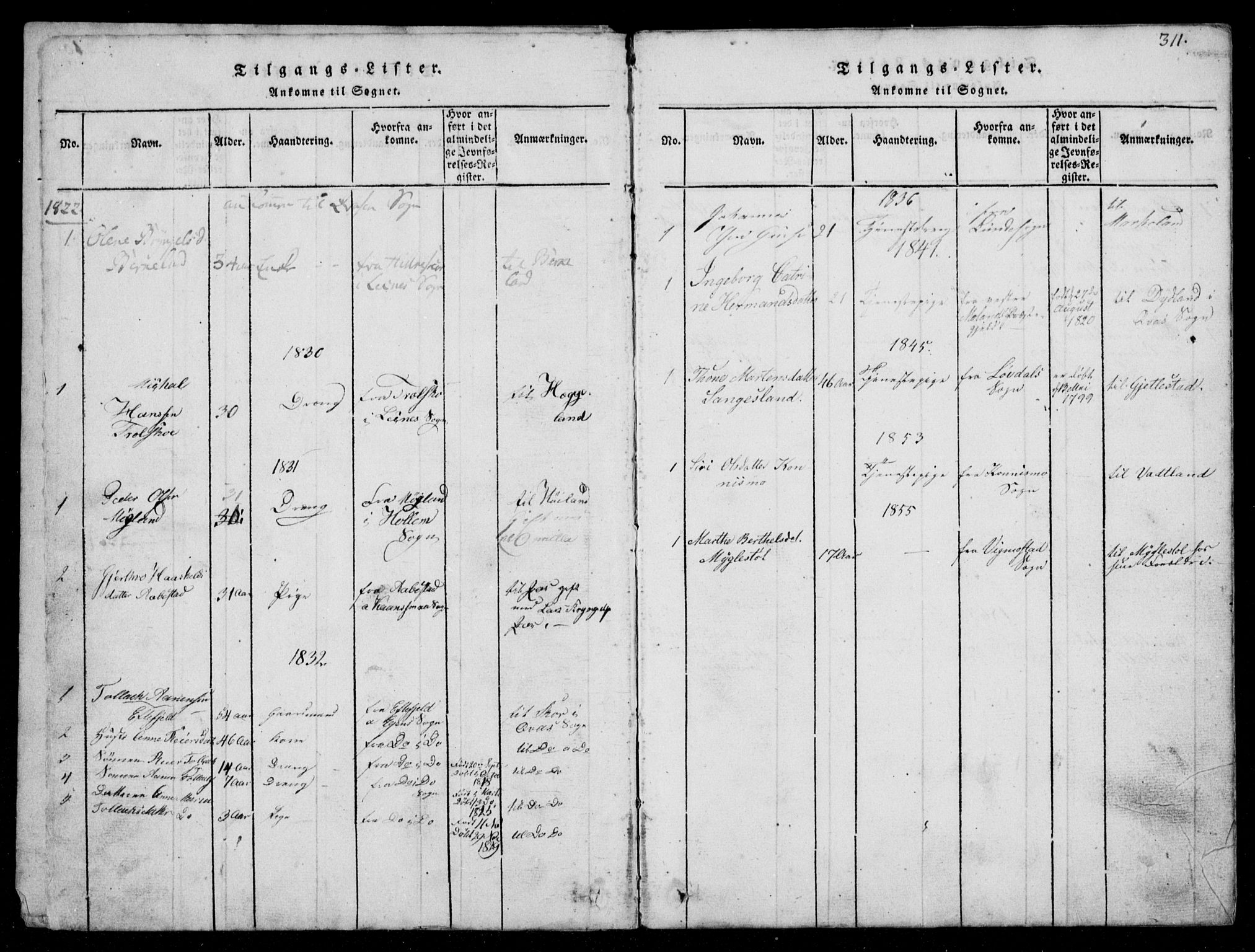 Lyngdal sokneprestkontor, SAK/1111-0029/F/Fb/Fbb/L0001: Parish register (copy) no. B 1, 1816-1900, p. 311