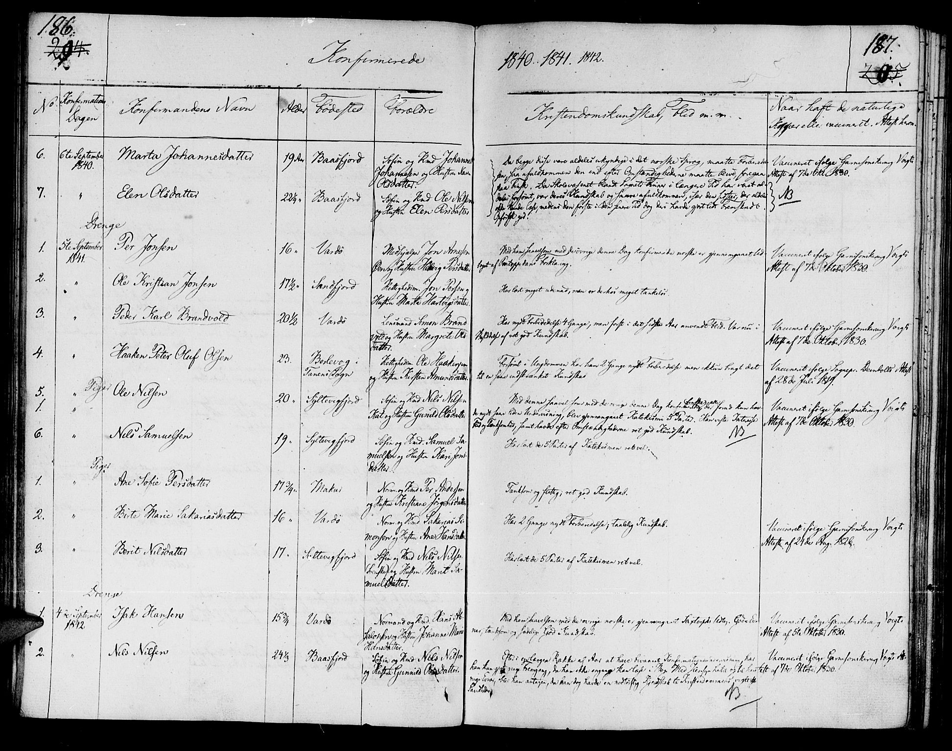 Vardø sokneprestkontor, SATØ/S-1332/H/Ha/L0002kirke: Parish register (official) no. 2, 1805-1842, p. 186-187