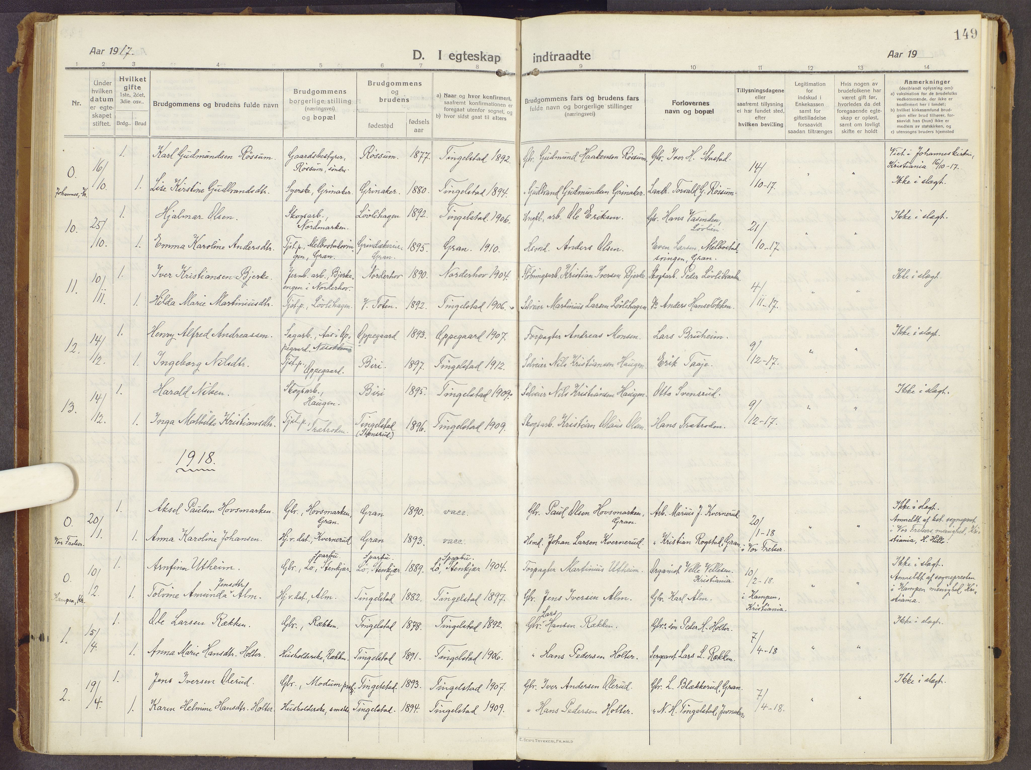 Brandbu prestekontor, SAH/PREST-114/H/Ha/Haa/L0003: Parish register (official) no. 3, 1914-1928, p. 149