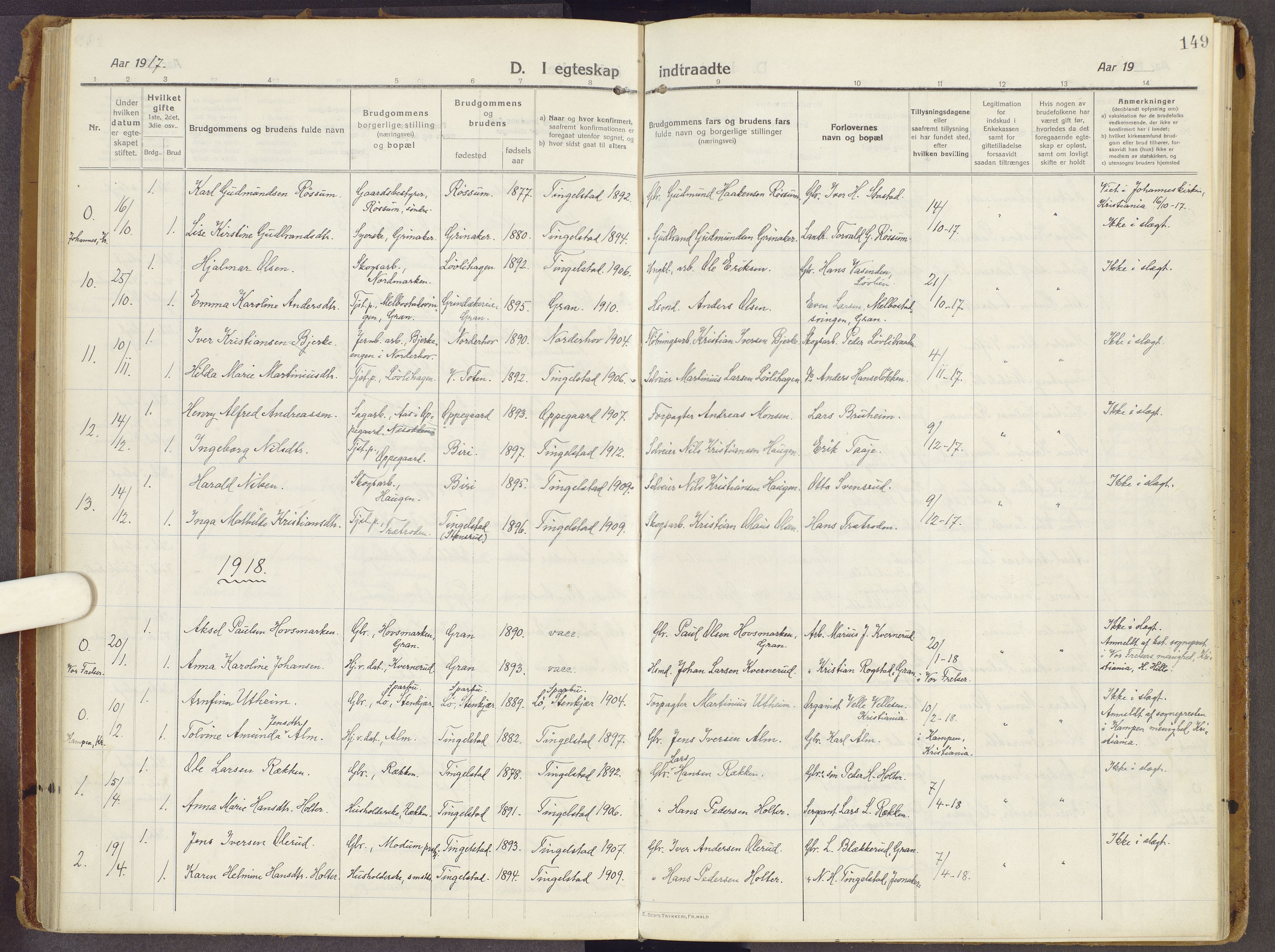 Brandbu prestekontor, AV/SAH-PREST-114/H/Ha/Haa/L0003: Parish register (official) no. 3, 1914-1928, p. 149