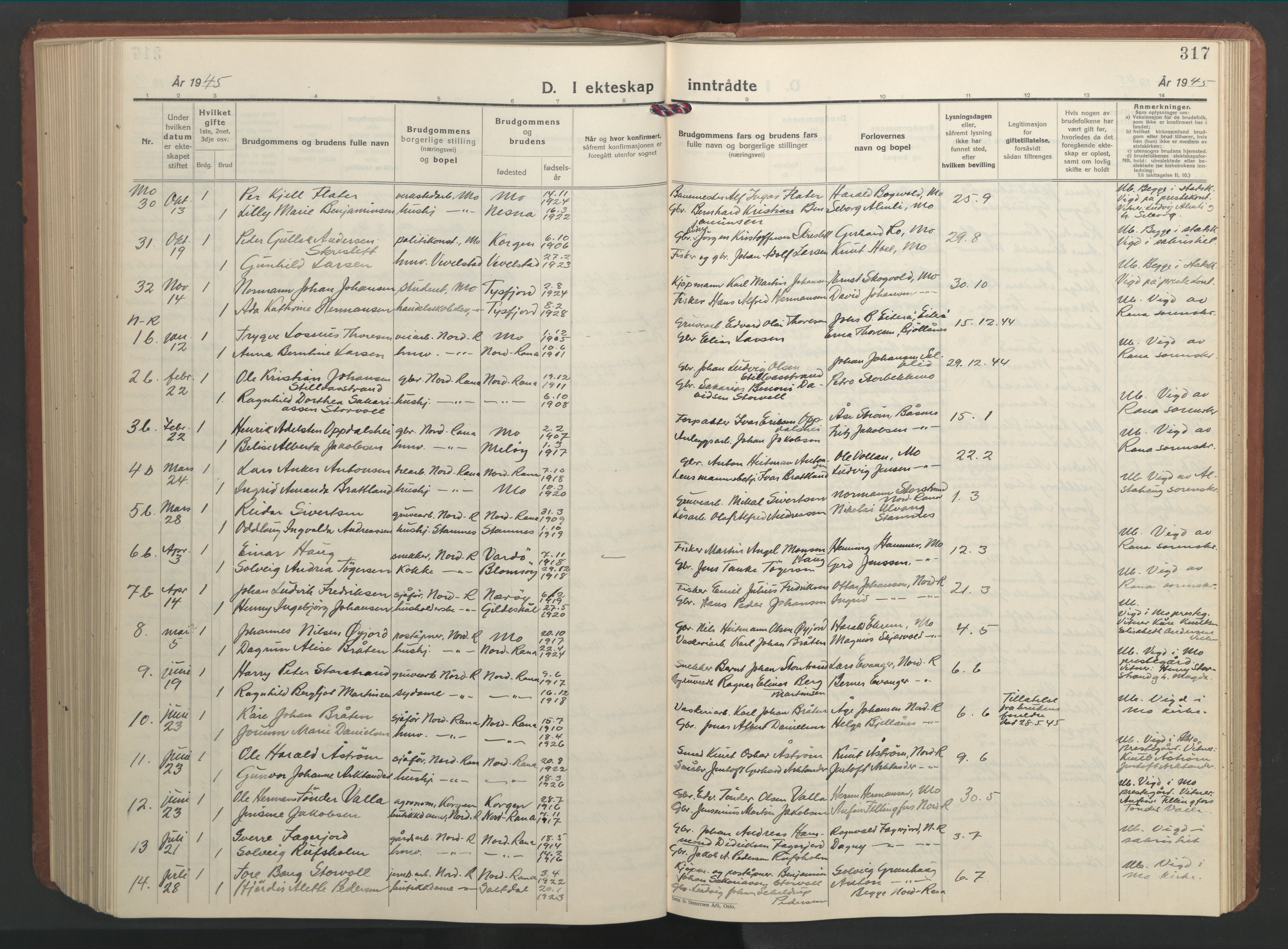 Ministerialprotokoller, klokkerbøker og fødselsregistre - Nordland, AV/SAT-A-1459/827/L0425: Parish register (copy) no. 827C14, 1931-1946, p. 317