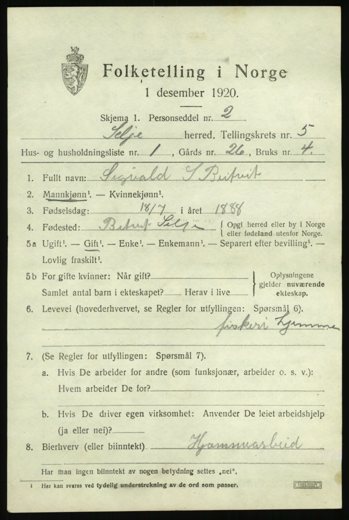 SAB, 1920 census for Selje, 1920, p. 3049