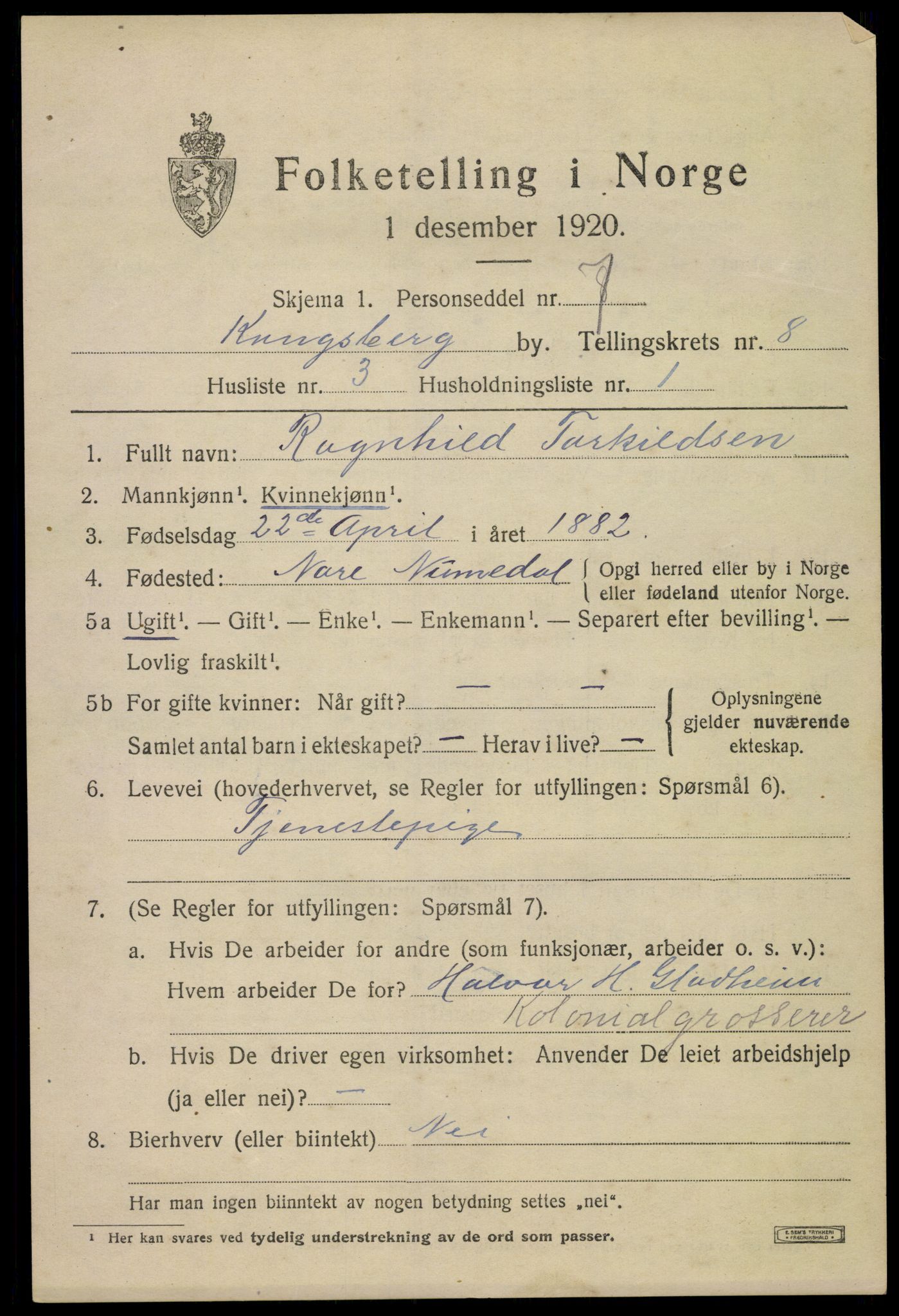 SAKO, 1920 census for Kongsberg, 1920, p. 15882