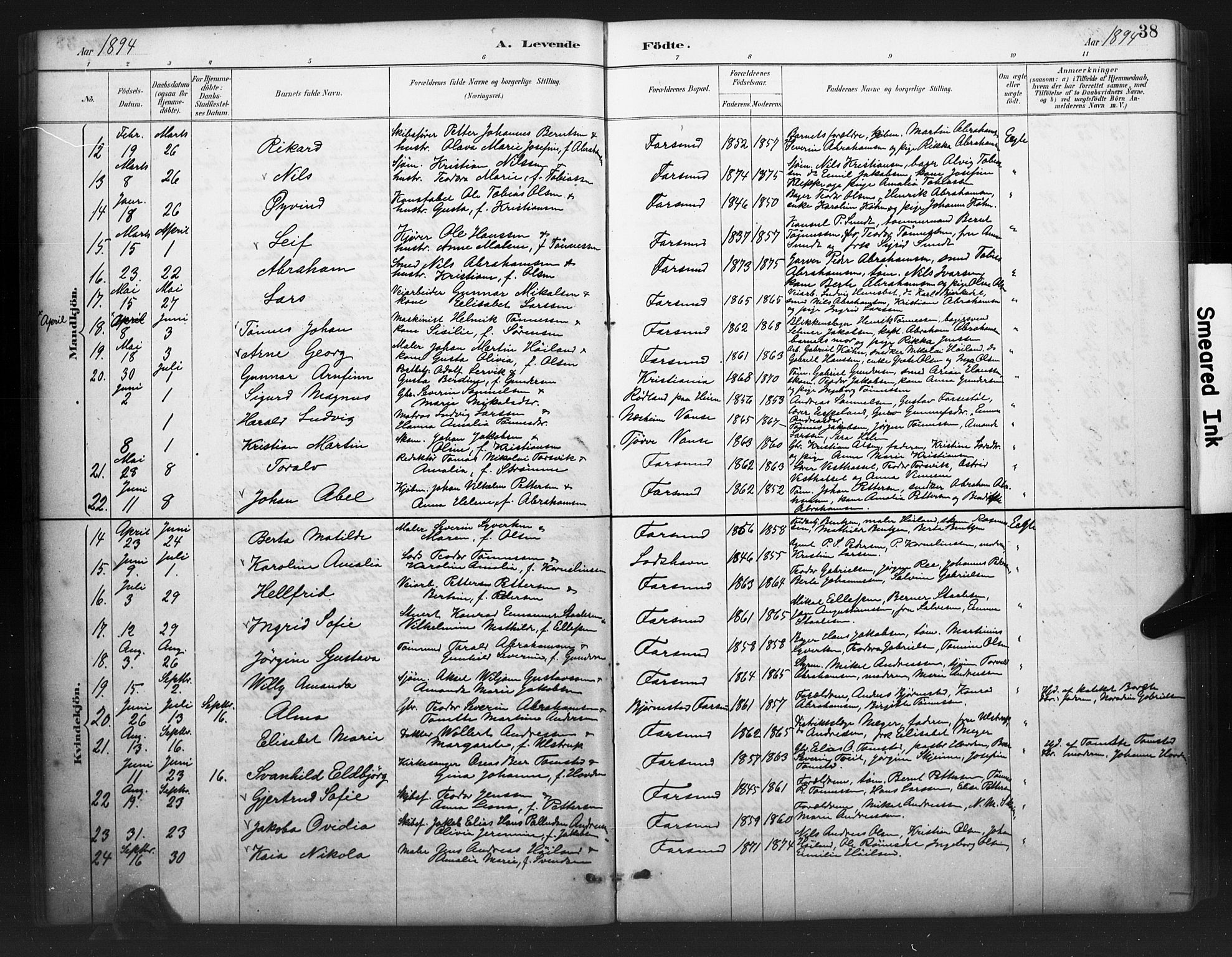 Farsund sokneprestkontor, SAK/1111-0009/F/Fb/L0001: Parish register (copy) no. B 1, 1886-1931, p. 38