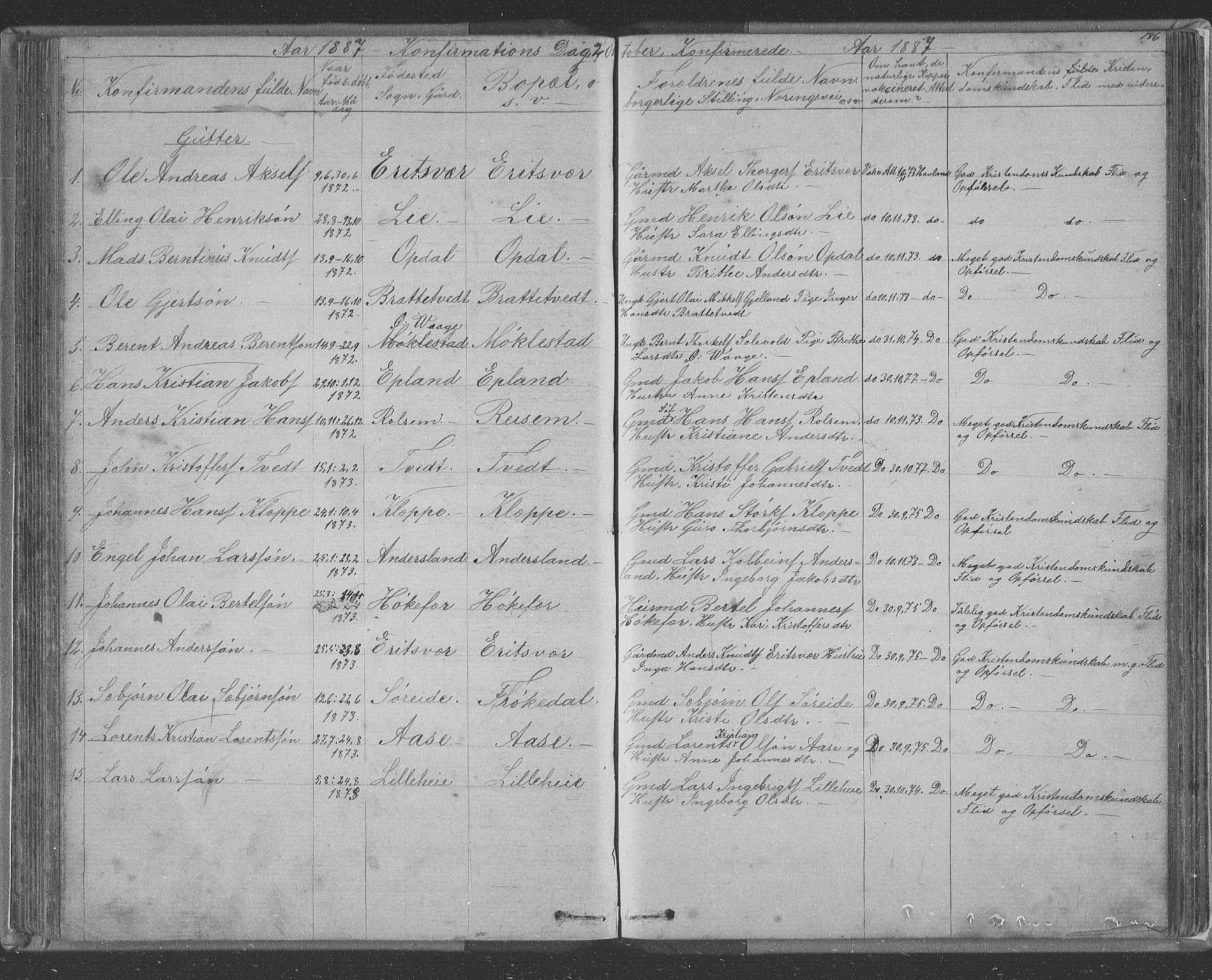Tysnes sokneprestembete, AV/SAB-A-78601/H/Hab: Parish register (copy) no. E 2, 1875-1897, p. 186
