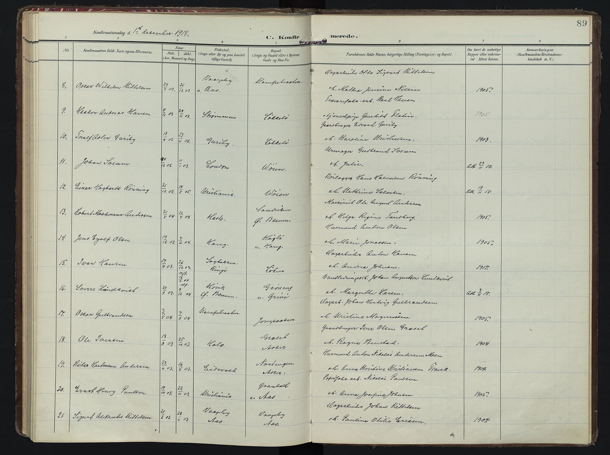 Vestre Bærum prestekontor Kirkebøker, SAO/A-10209a/F/Fa/L0002: Parish register (official) no. 2, 1905-1920, p. 89