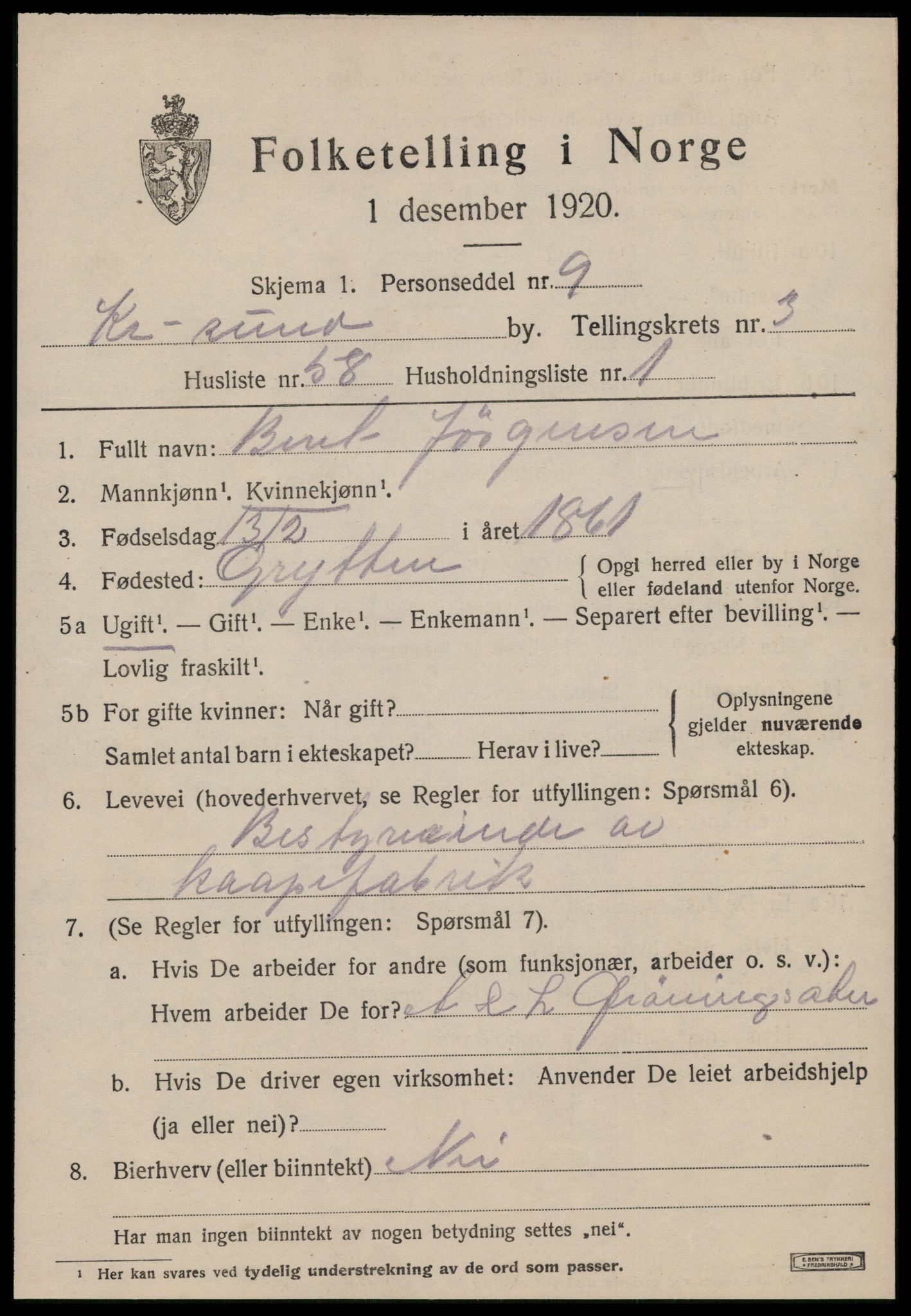 SAT, 1920 census for Kristiansund, 1920, p. 14885