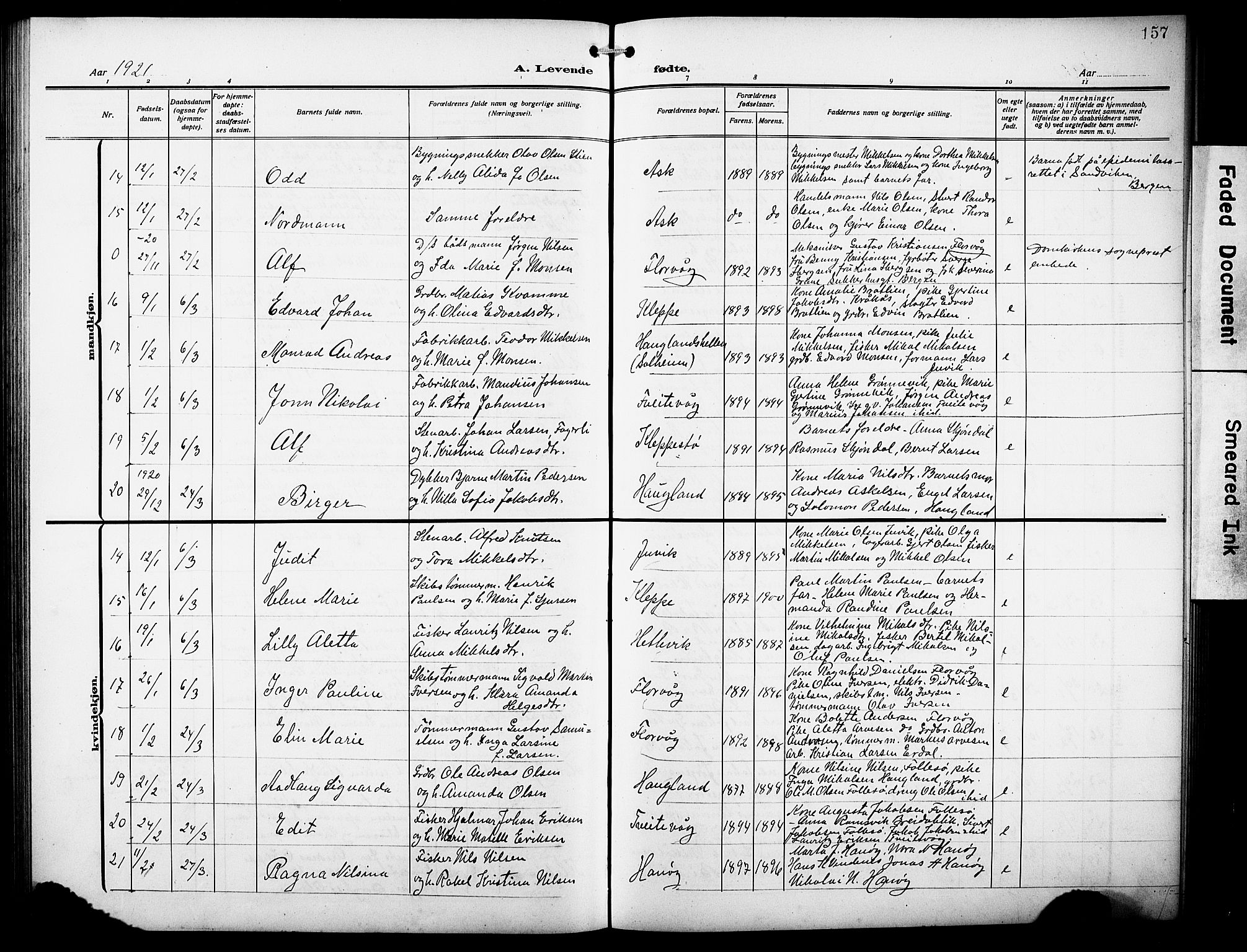 Askøy Sokneprestembete, AV/SAB-A-74101/H/Ha/Hab/Haba/L0011: Parish register (copy) no. A 11, 1908-1931, p. 157