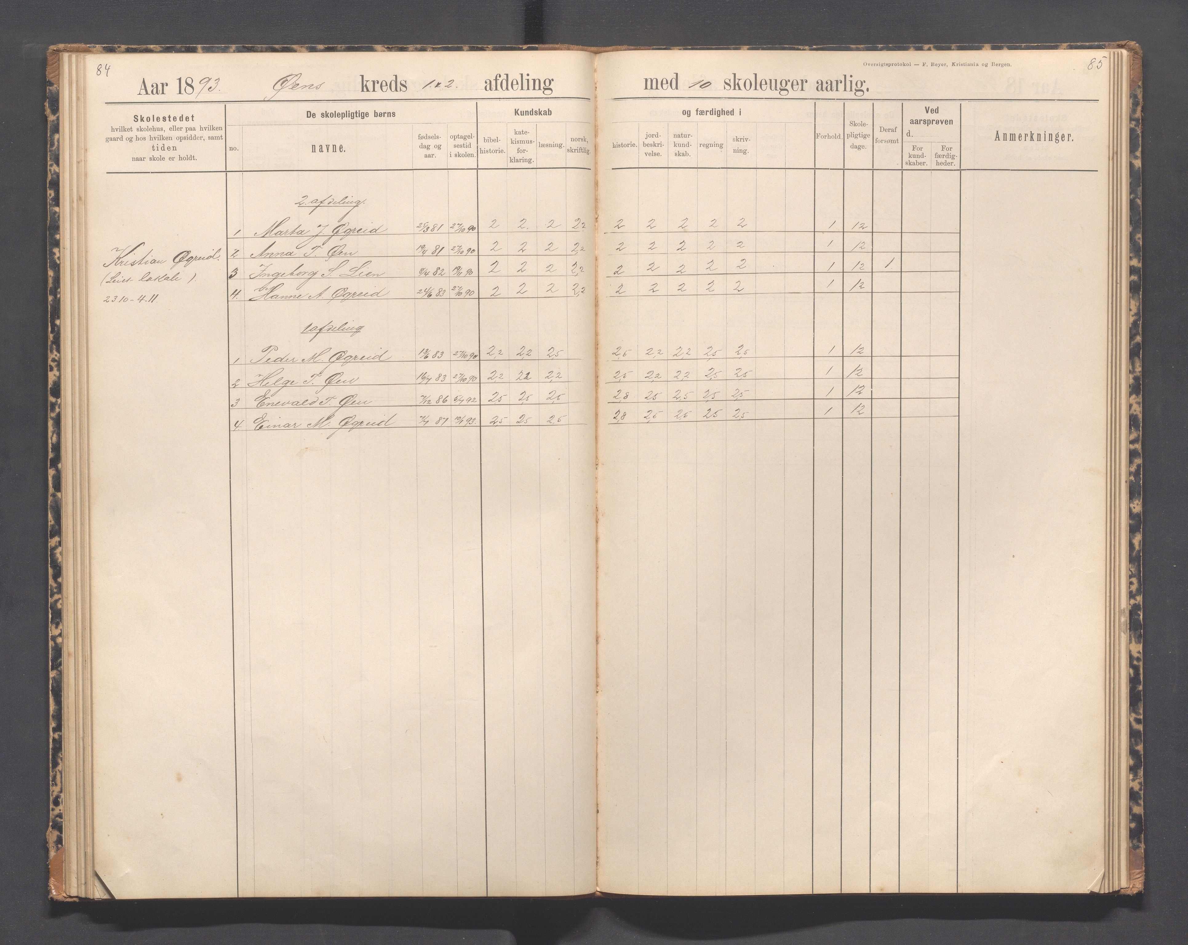 Helleland kommune - Skolekommisjonen/skolestyret, IKAR/K-100486/H/L0012: Skoleprotokoll - Terland, Hæstad, Øen, 1891-1897, p. 84-85