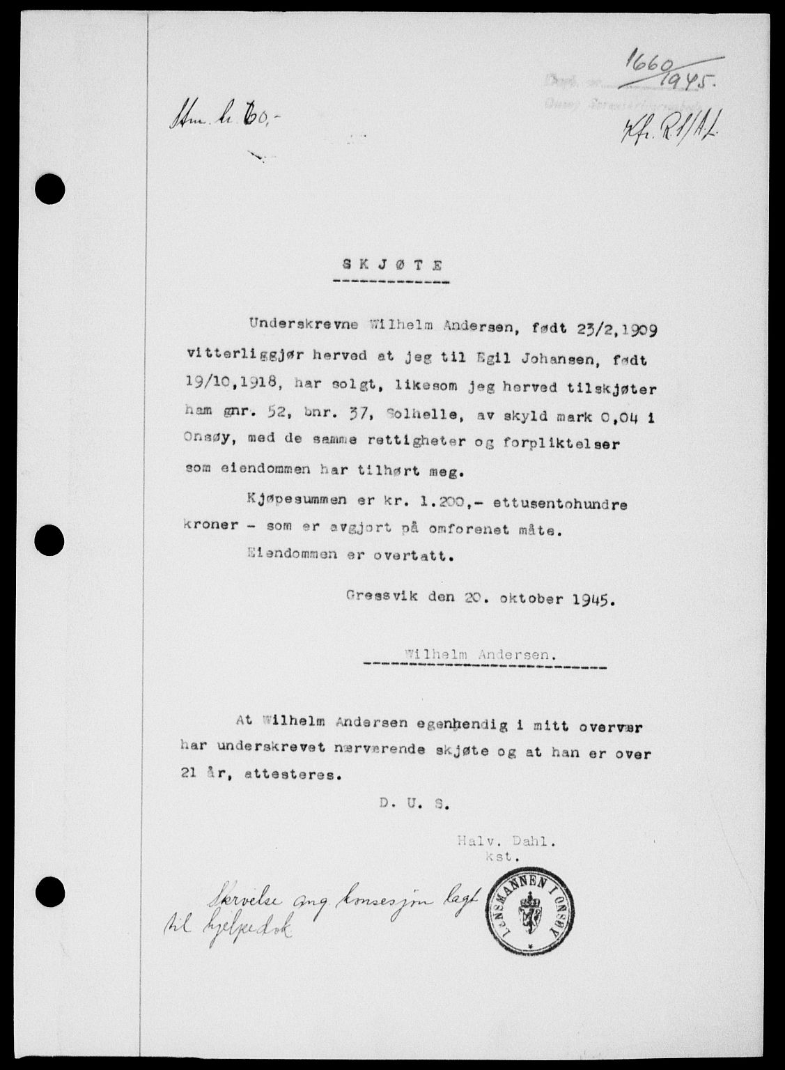 Onsøy sorenskriveri, SAO/A-10474/G/Ga/Gab/L0015: Mortgage book no. II A-15, 1945-1946, Diary no: : 1660/1945