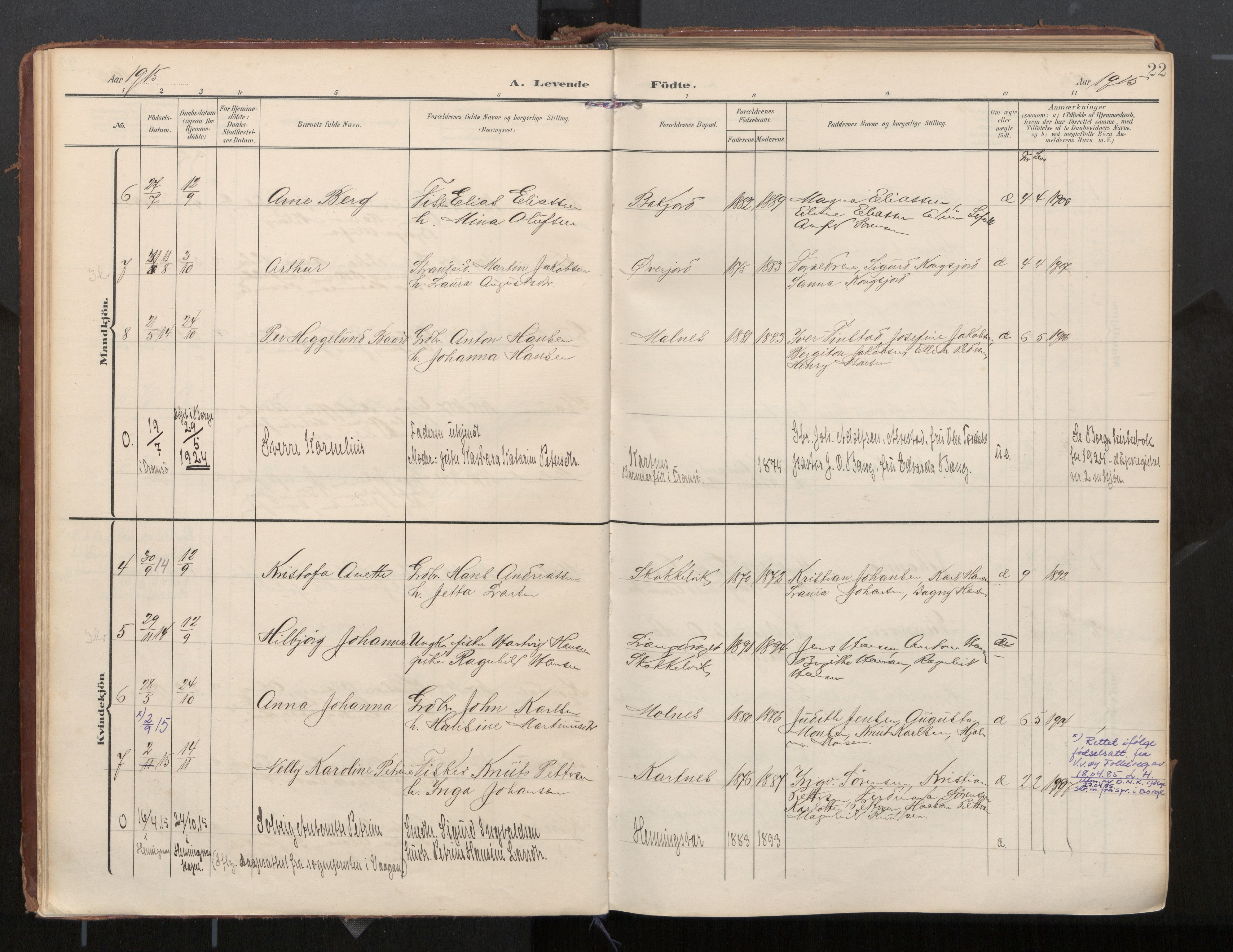 Ministerialprotokoller, klokkerbøker og fødselsregistre - Nordland, SAT/A-1459/884/L1194: Parish register (official) no. 884A02, 1906-1937, p. 22