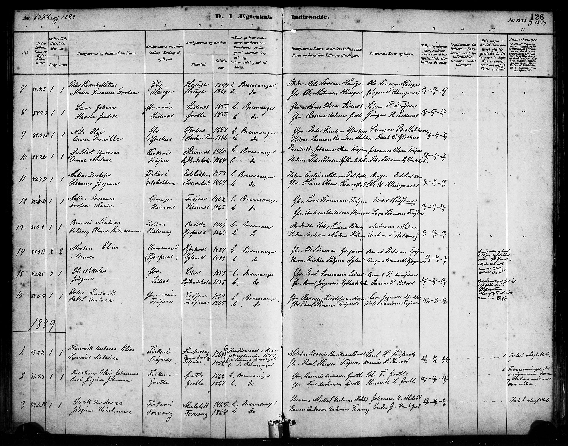 Bremanger sokneprestembete, SAB/A-82201/H/Haa/Haab/L0001: Parish register (official) no. B 1, 1884-1895, p. 126