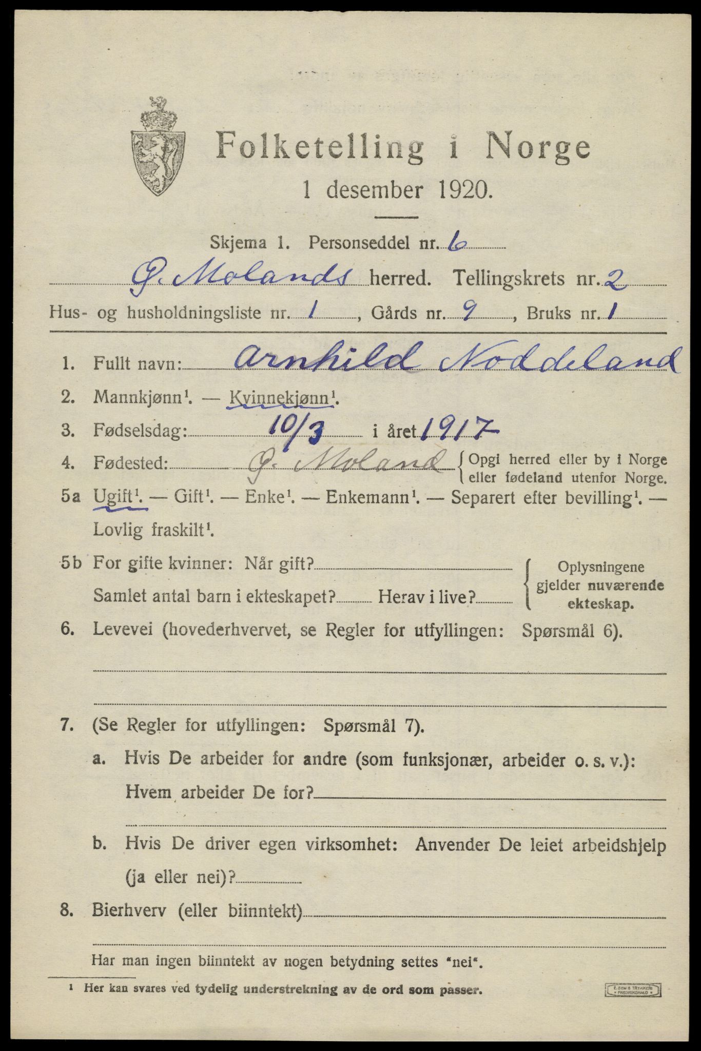 SAK, 1920 census for Austre Moland, 1920, p. 1255