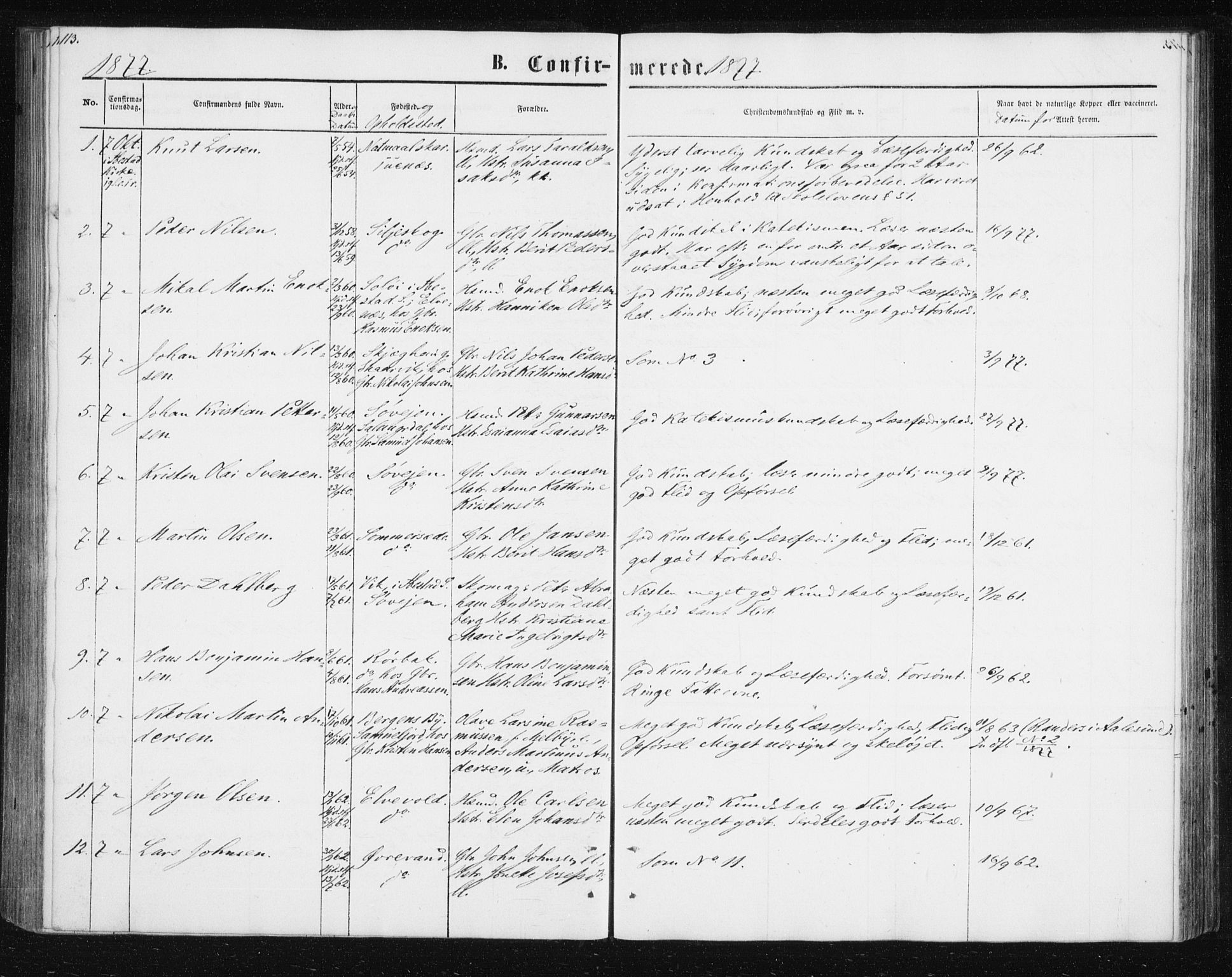 Ibestad sokneprestembete, AV/SATØ-S-0077/H/Ha/Hab/L0013klokker: Parish register (copy) no. 13, 1865-1879, p. 113