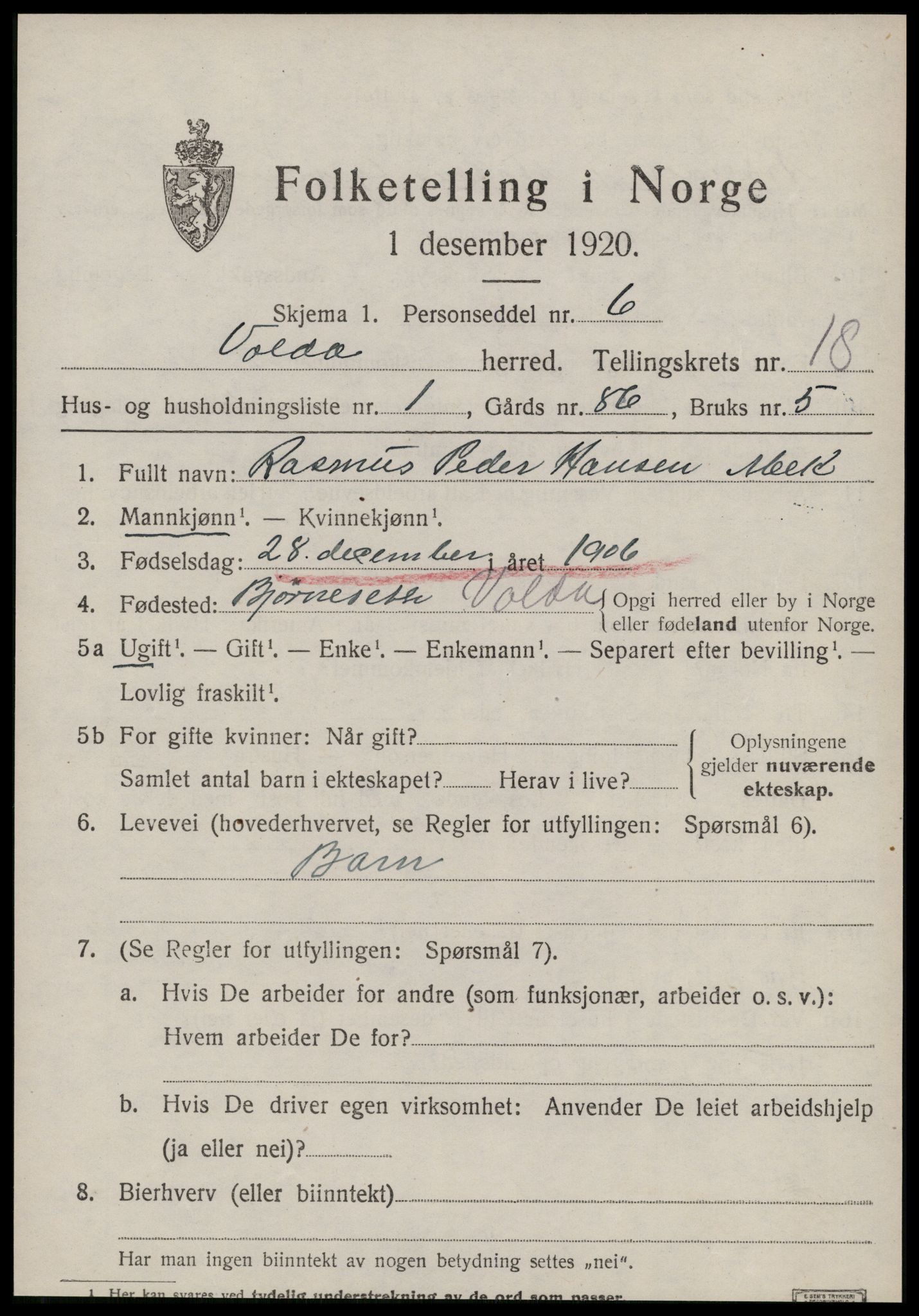 SAT, 1920 census for Volda, 1920, p. 9868