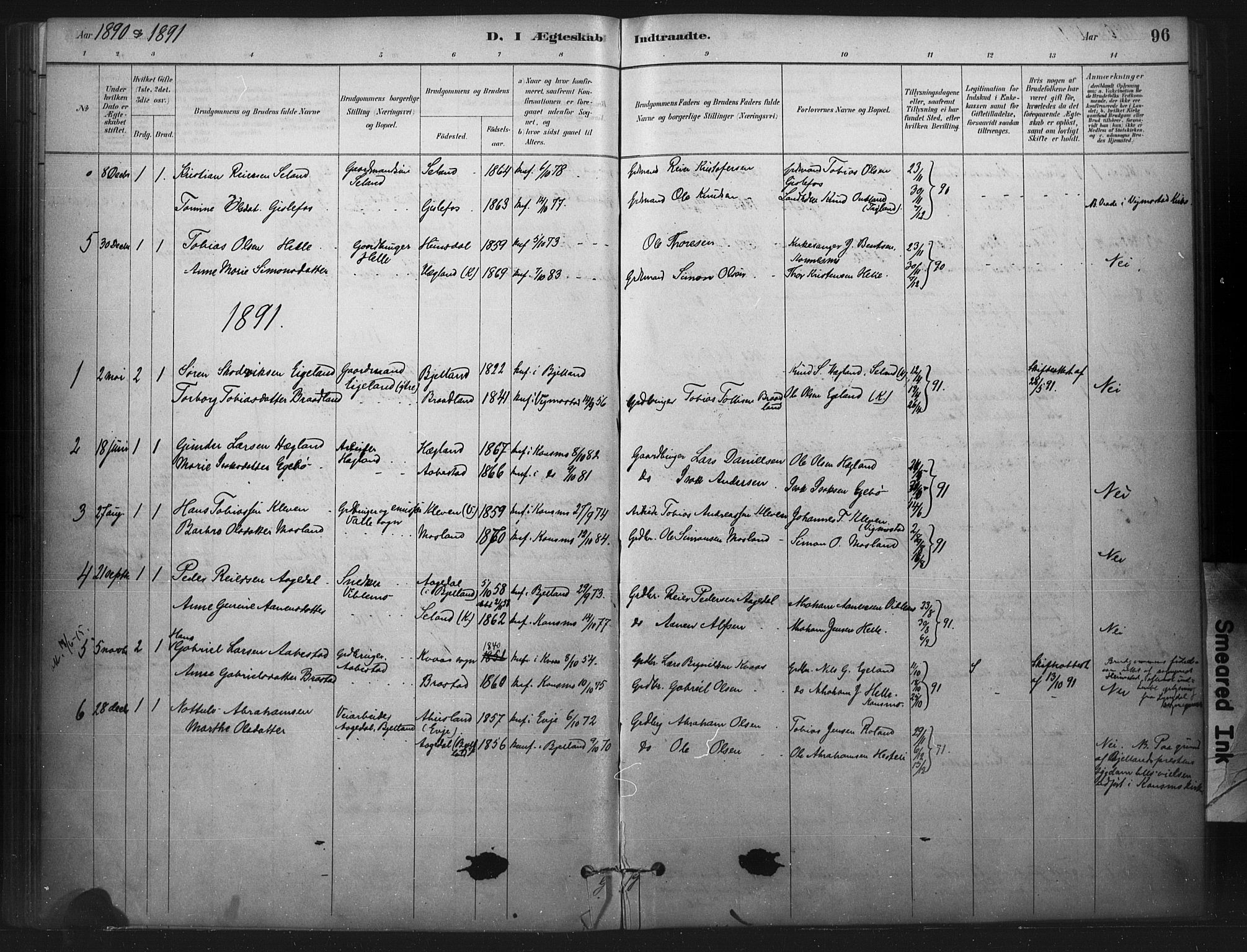 Nord-Audnedal sokneprestkontor, SAK/1111-0032/F/Fa/Faa/L0003: Parish register (official) no. A 3, 1882-1900, p. 96