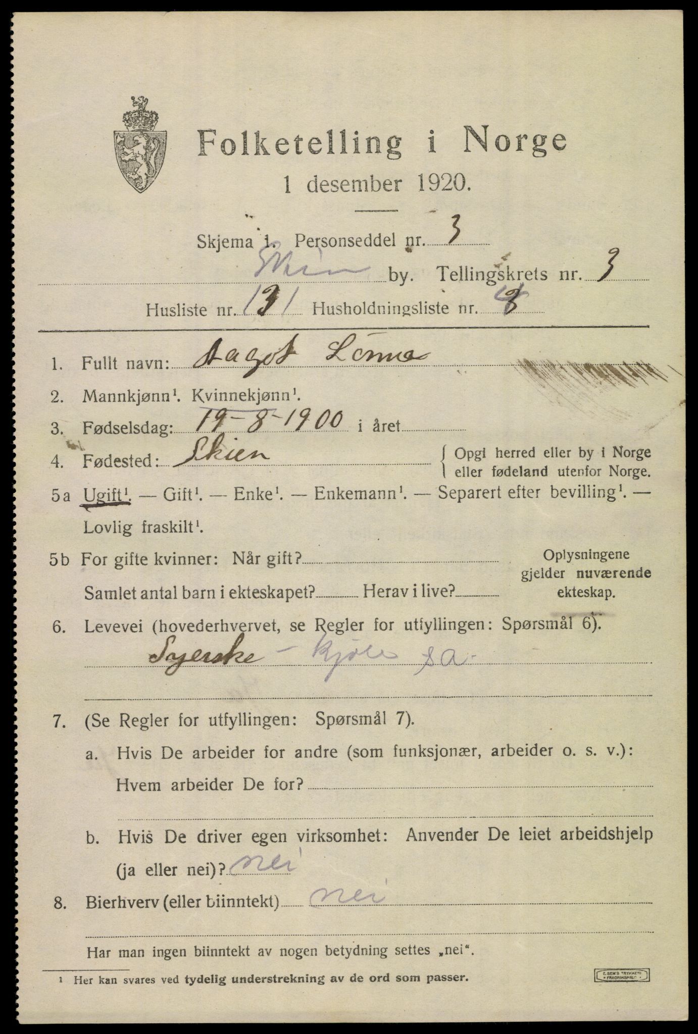 SAKO, 1920 census for Skien, 1920, p. 24266