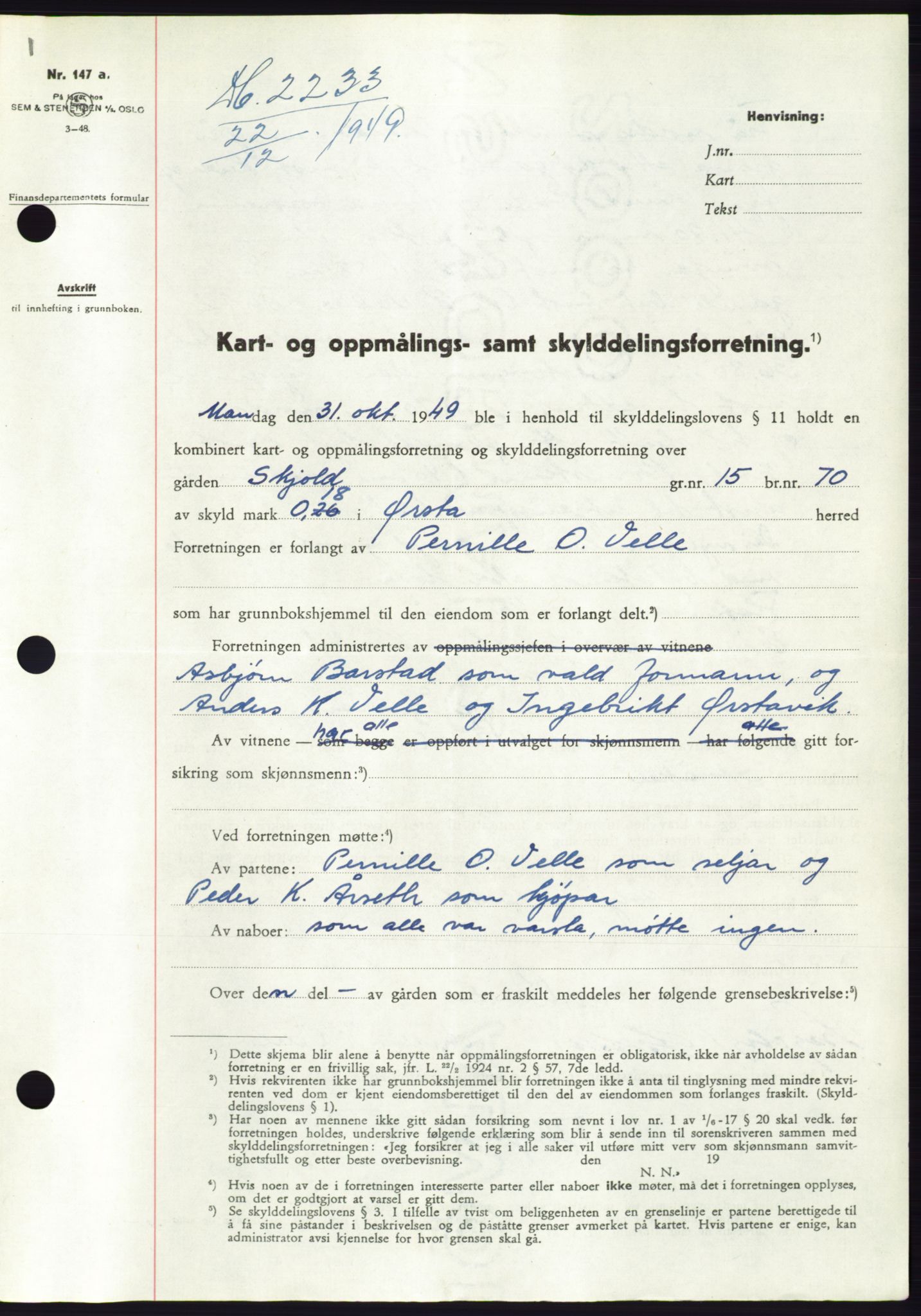 Søre Sunnmøre sorenskriveri, AV/SAT-A-4122/1/2/2C/L0085: Mortgage book no. 11A, 1949-1949, Diary no: : 2233/1949